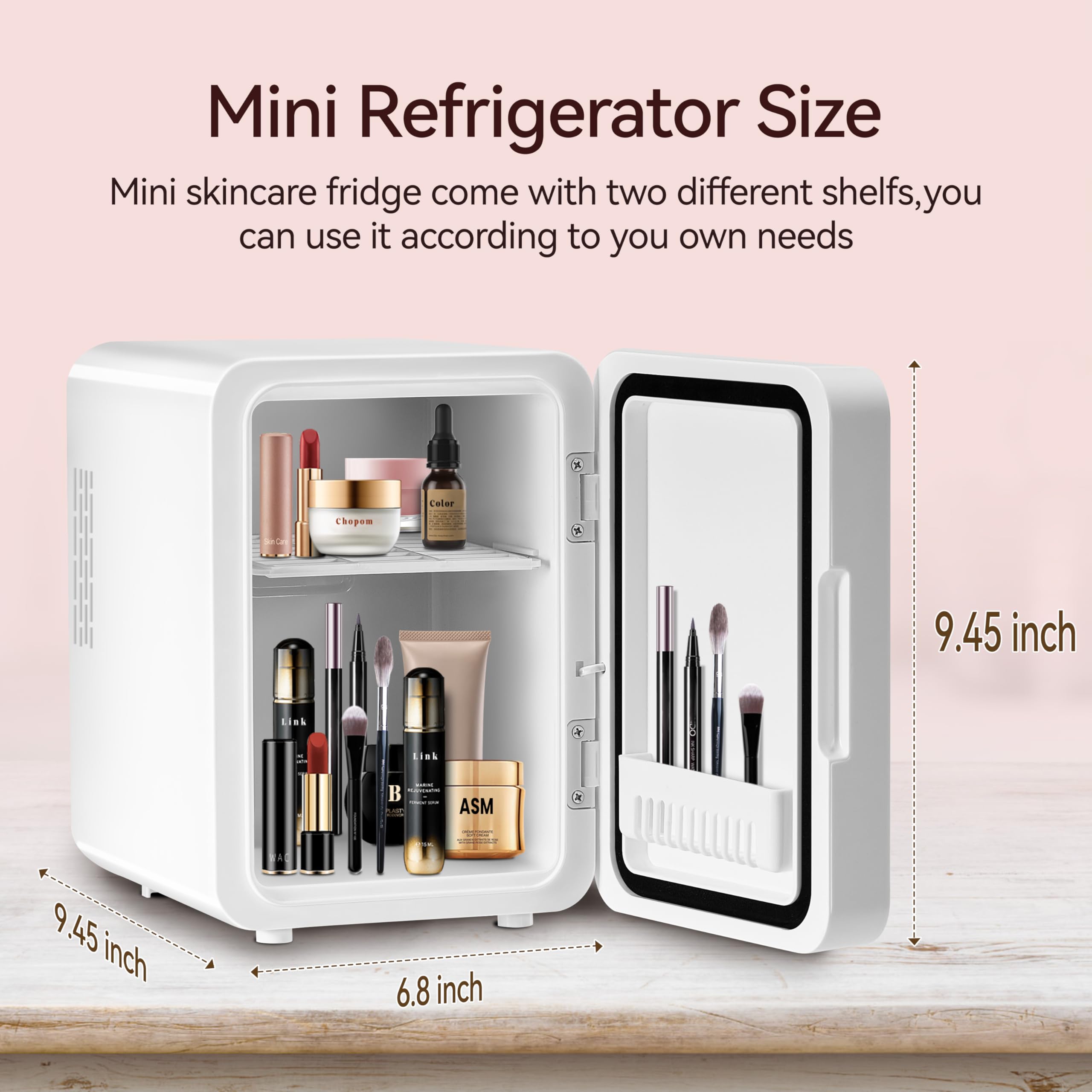 Skincare Fridge With Dimmable LED Mirror, 4L Makeup Mini Fridge for Bedroom, Cosmetics, SkinCare, Cooler & Warmer, Portable Small Refrigerator for Car, Office and Food- White