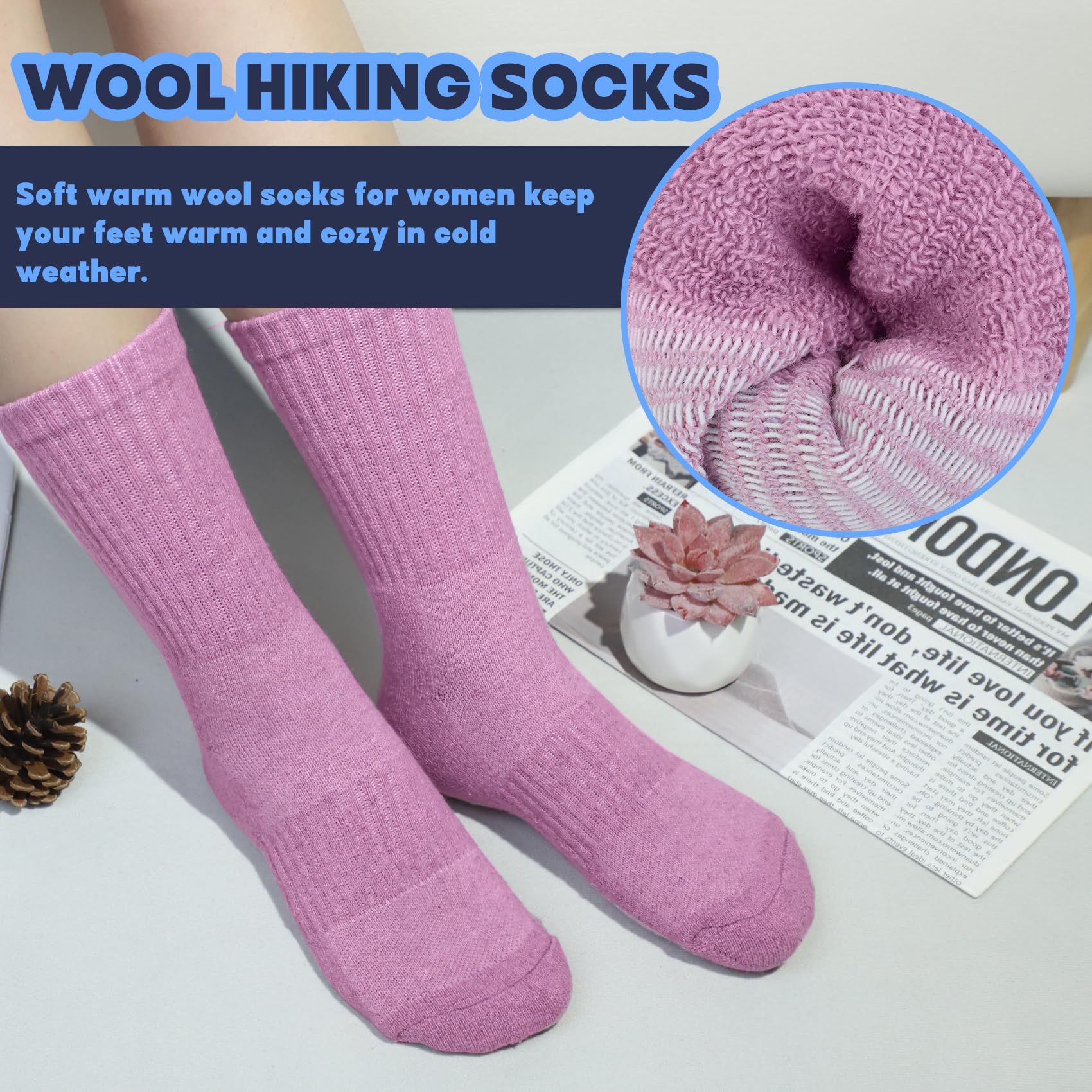 Justay 5 Pairs Merino Wool Socks for Women Winter Warm Thick Socks Cozy Knit Boot Crew Hiking Socks Gifts for Her