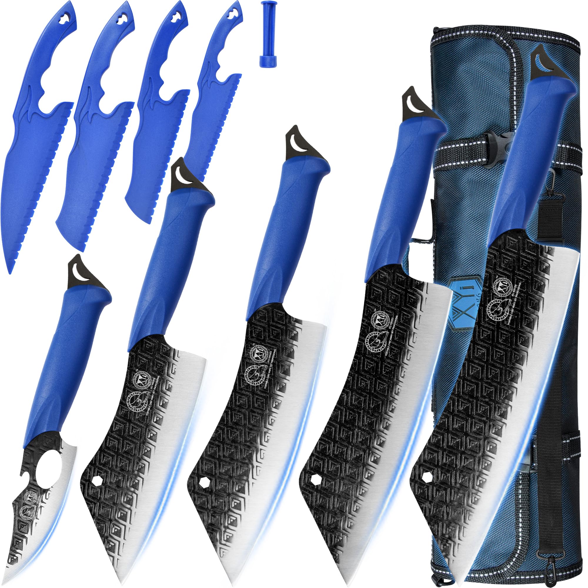 Authentic XYJ Since 1986,5pcs Slicing Knives Set,Vegetable Kitchen Knife With Roll Bag,Whetstone,Honing Steel,Cake Cutter,Camping Chef Butcher Knife,Full Tang (XYJ Blue)