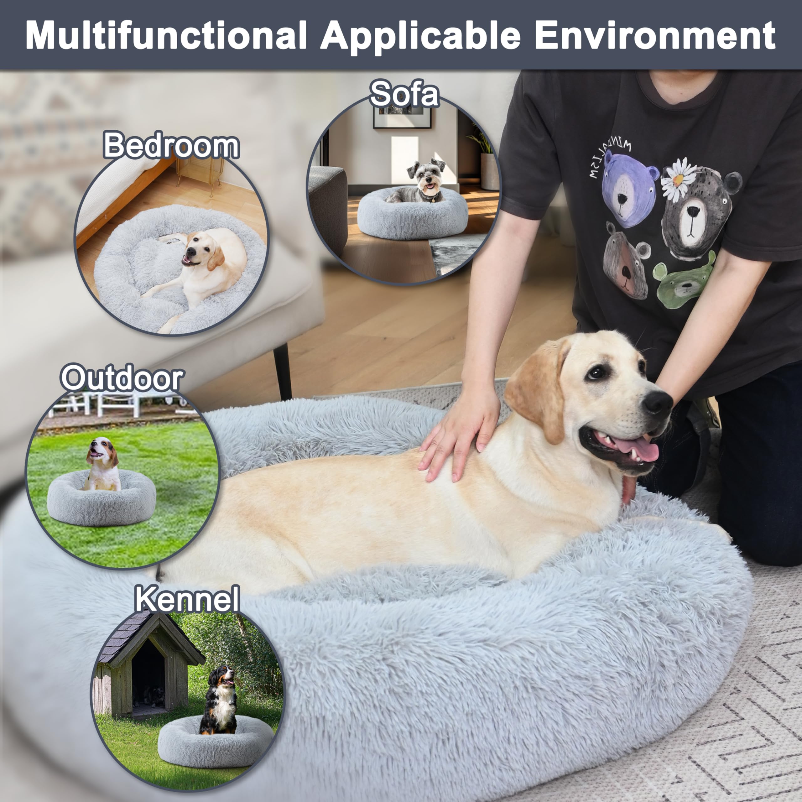 ELSKER&HOME Calming Dog Bed,Donut Washable Warming Soft Round 39 inches Dog Beds for Large Dogs,Anti-Anxiety Fluffy Plush Cushion Bed Fits up to 120 lbs Pets