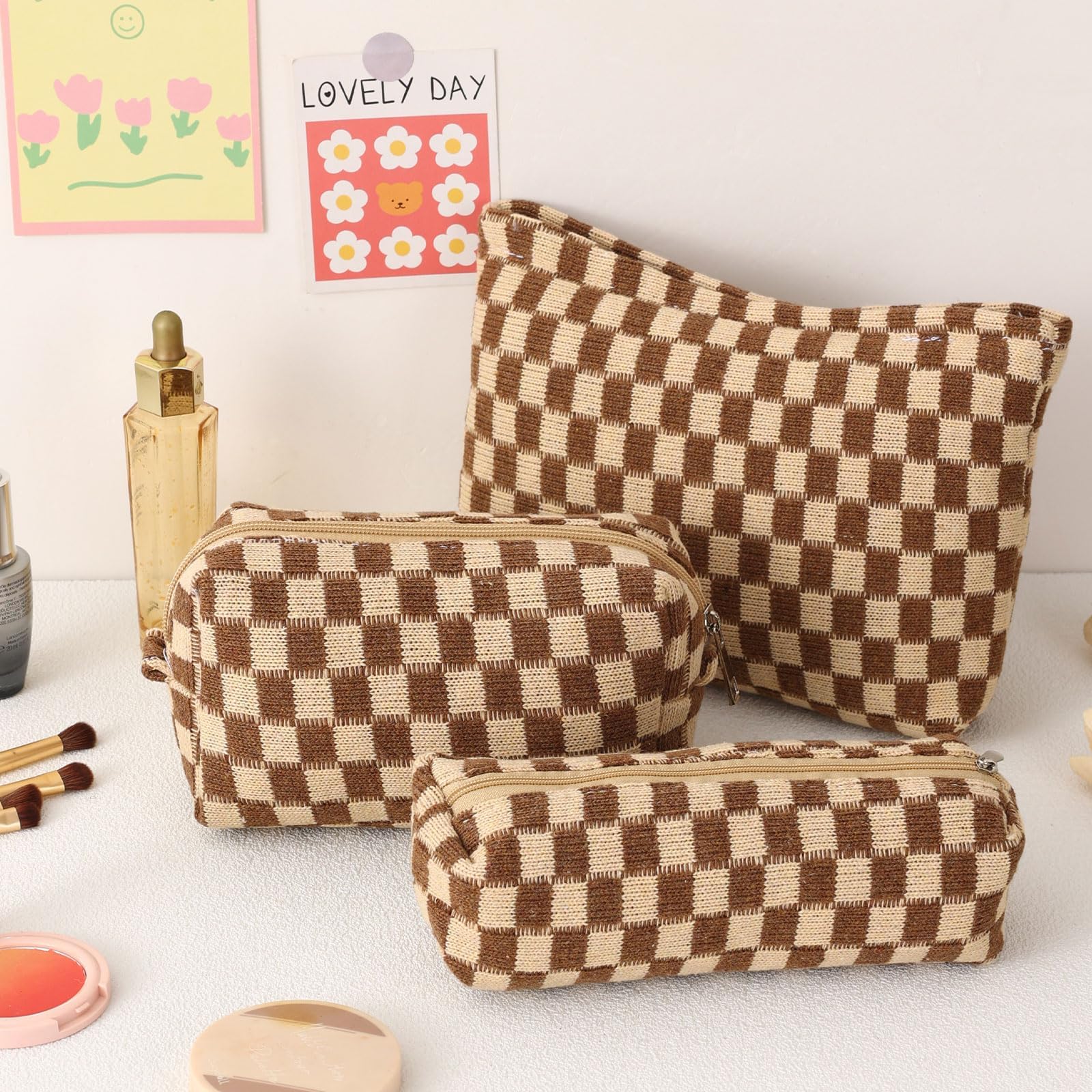 LYDZTION Large Capacity Makeup Bag Set - 3 Pieces Checkered Cosmetic Bag for Women Travel Makeup Bag Organizer Cute Makeup Brushes Storage Bag Travel Toiletry Bag Storage Bag for Women,Brown