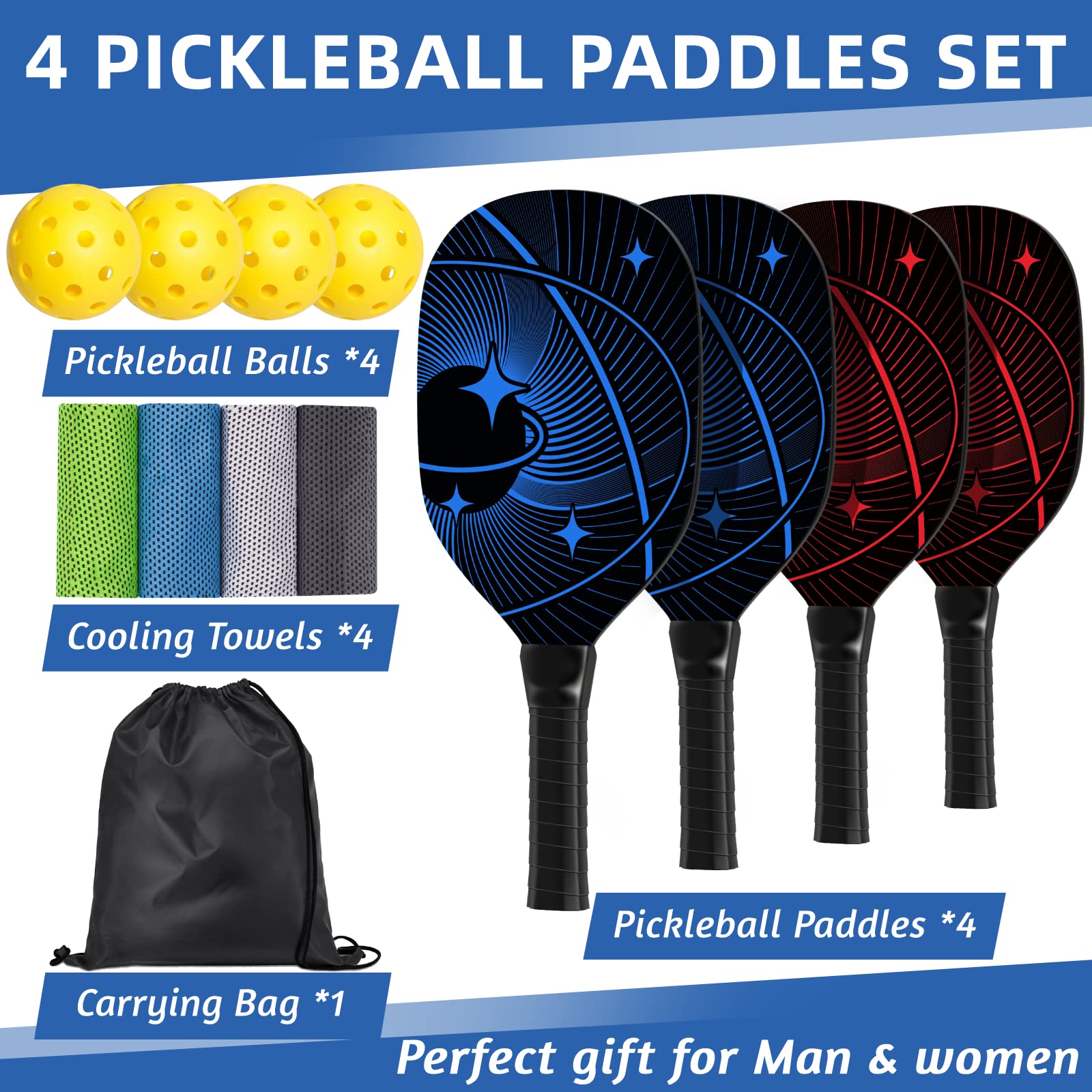 Pickleball Paddles, Pickleball Set with 4 Premium Wood Pickleball Paddles, 4 Pickleball Balls, 4 Cooling Towels & Carry Bag, Pickleball Rackets with Ergonomic Cushion Grip