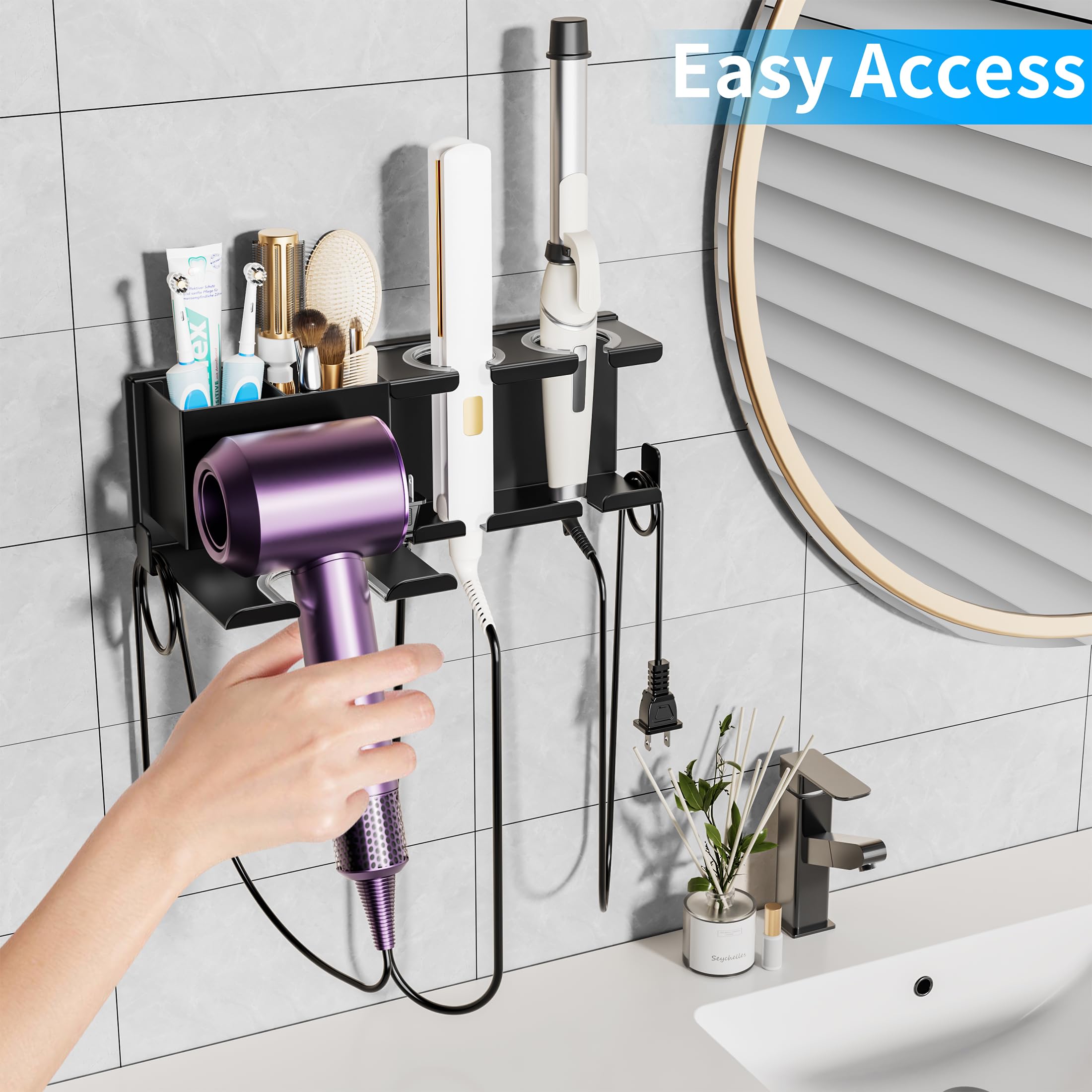 BOIVSHI Hair Dryer Holder Wall Mounted, Metal Hair Tools Organizer, Hair Dryer Holder for Blow Dryer, Curling Iron, Straightener, Bathroom Hair Accessories Tools Organizer, Black