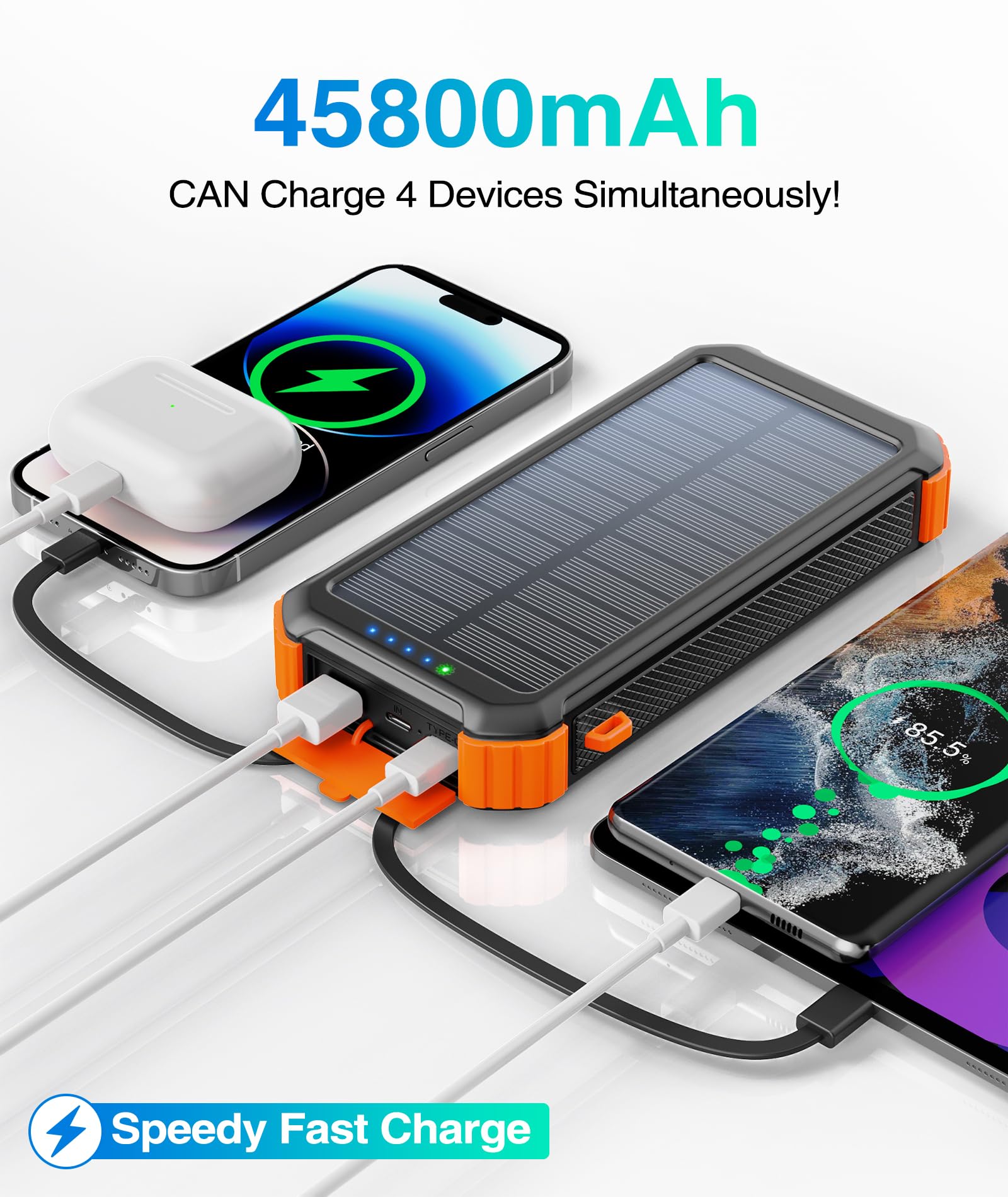 LATIMERIA 45800mAh Solar Charger Power Bank, Portable Phone Charger with USB C in/Output, 5V3.1A QC 3.0 Fast Charging for Cellphone, External Battery Pack Compatible with iPhone Samsung Google etc