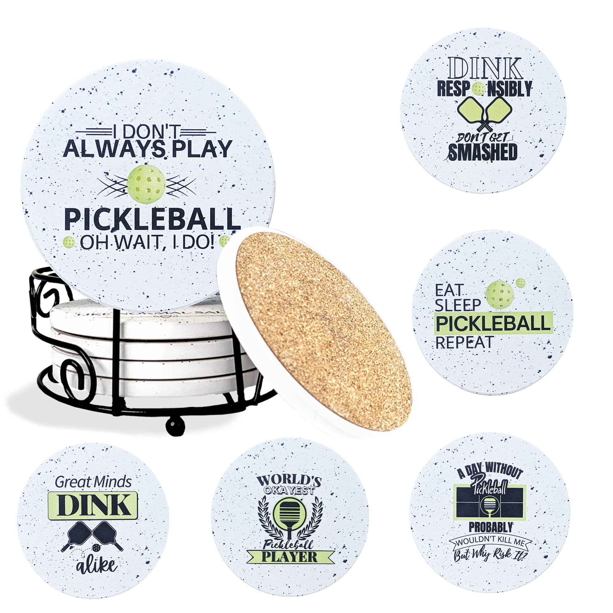 KCT Store Pickleball Gifts for Women and Men - Appreciation Gifts - Absorbent Ceramic Coasters 6pc - Metal Holder & Cylinder Kraft Gift Box Included