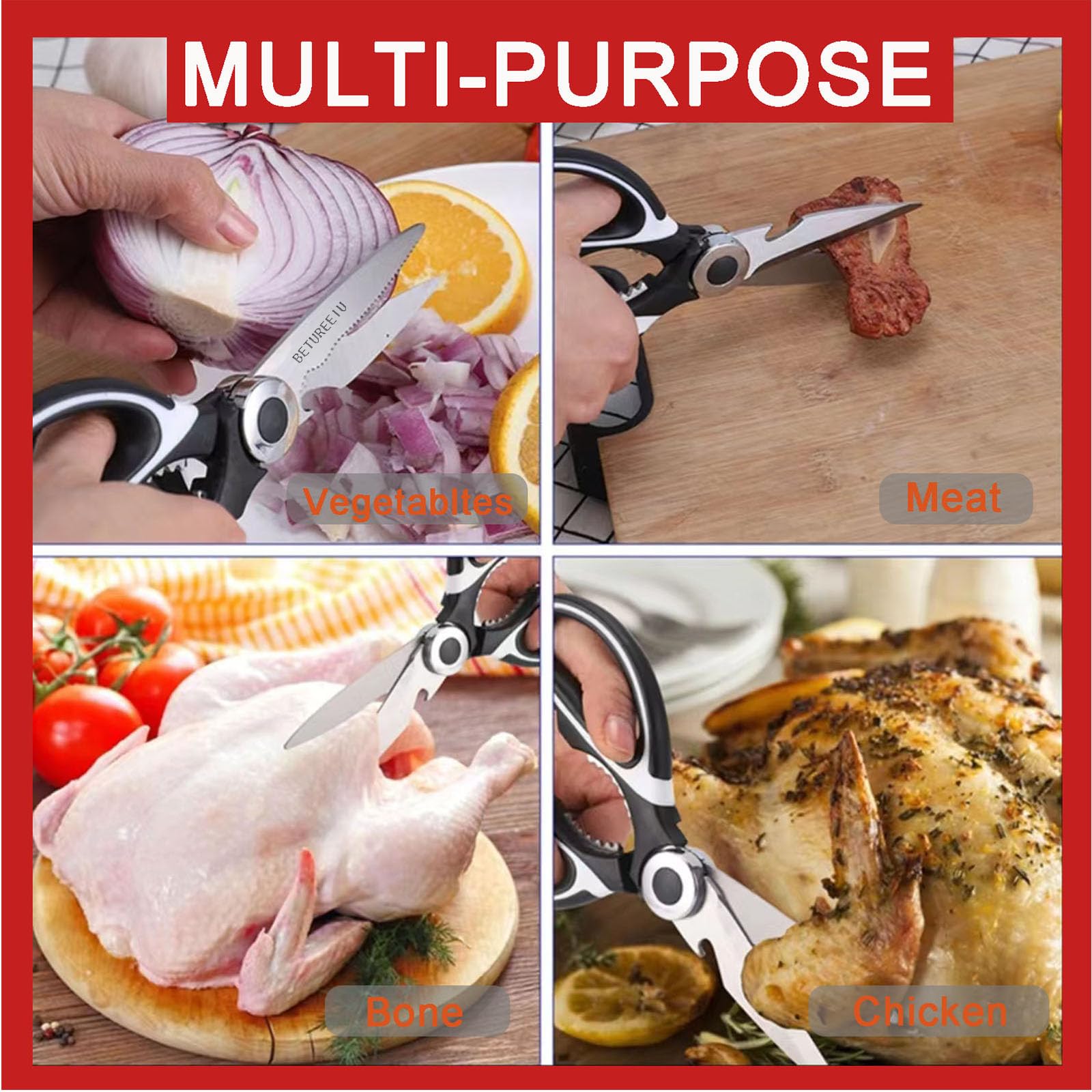[2 Pack] BETUREEIU Kitchen Scissors, Heavy Duty Dishwasher Safe, All Purpose Utility Shears, Stainless Steel Sharp Food Cooking Tool for Meat, Chicken, Poultry, Fish, Vegetables