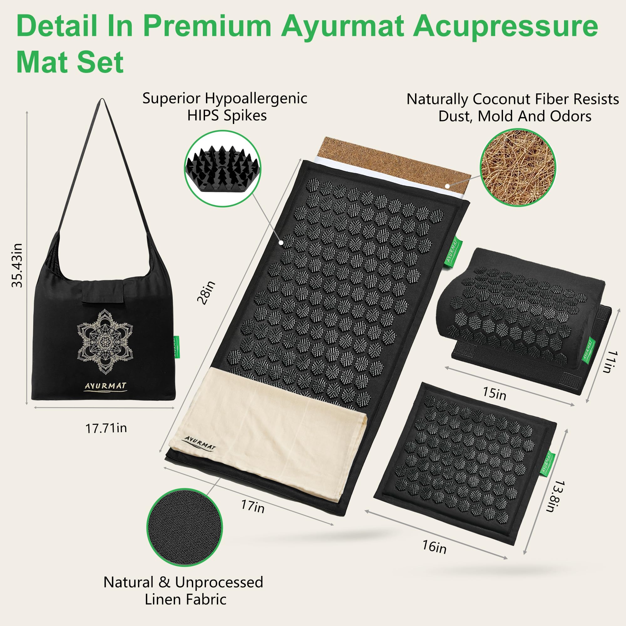 Acupressure Mat and Pillow Set,Natural Eco-Friendly Linen & Coconut Fiber,Acupressure Mat FSA/HSA Eligible,Relieves Stress & Tension,with Carrying Bag,Full Body Pro Set(Black)