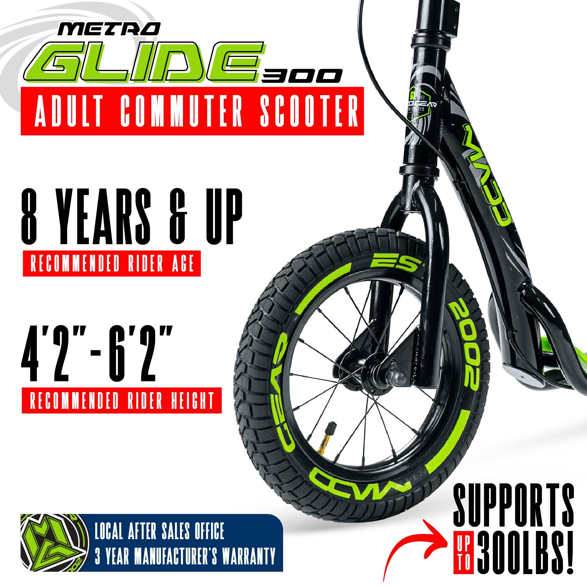 Large Kick Scooter for Adults, Teens & Kids 8-12 with Kickstand – 12" Air-Filled Tires, Wide Deck, Lightweight Steel Frame – Madd Gear Metro Glide 300 (Black Green)