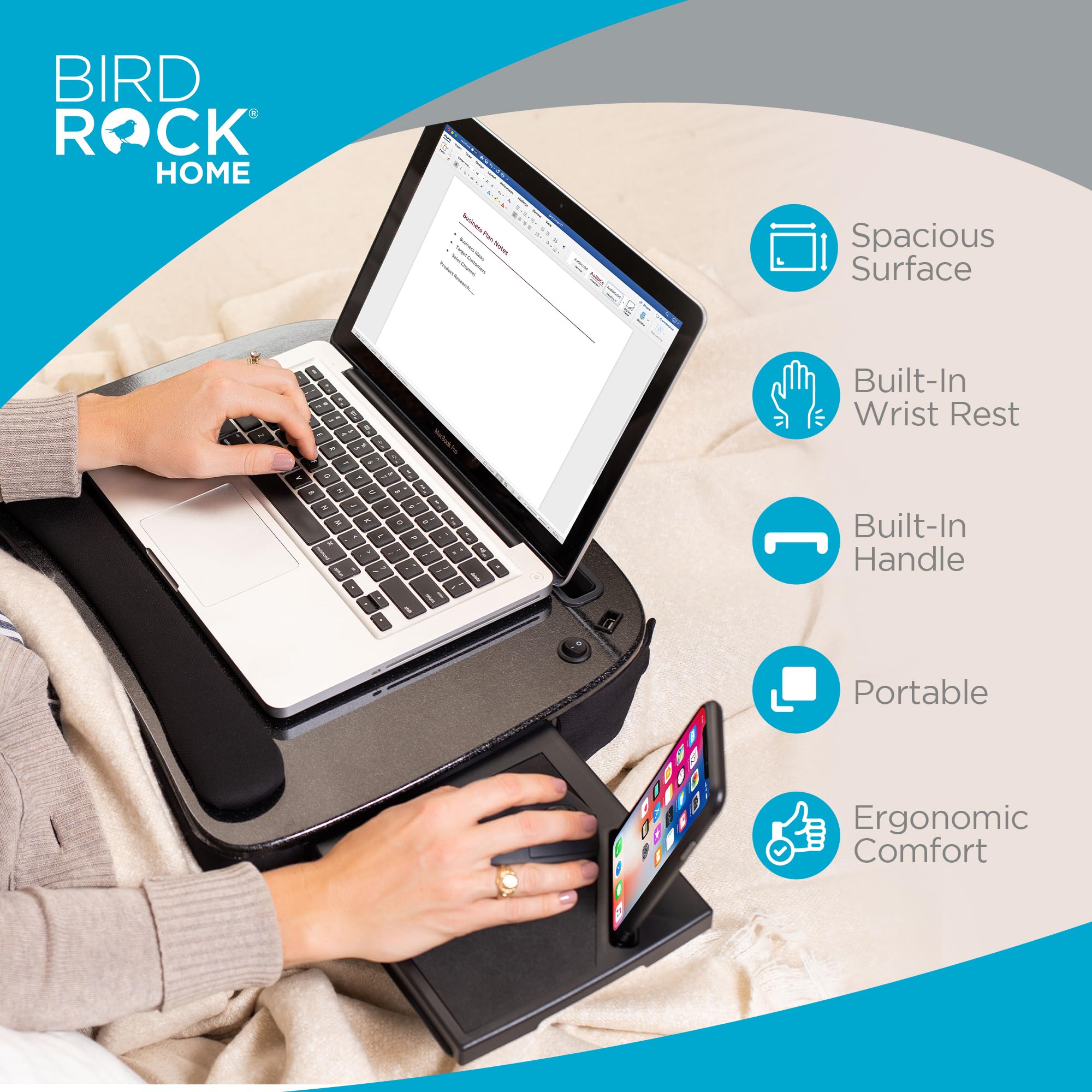 SOFIA + SAM Multi-Tasking Memory Foam Lap Desk up to 15" Laptop w/USB Light & Mouse Pad - Portable Foldable Laptop Tray w/Cushion for Bed, Couch, Desk - Ergonomic Lapdesk for Home Office & Reading