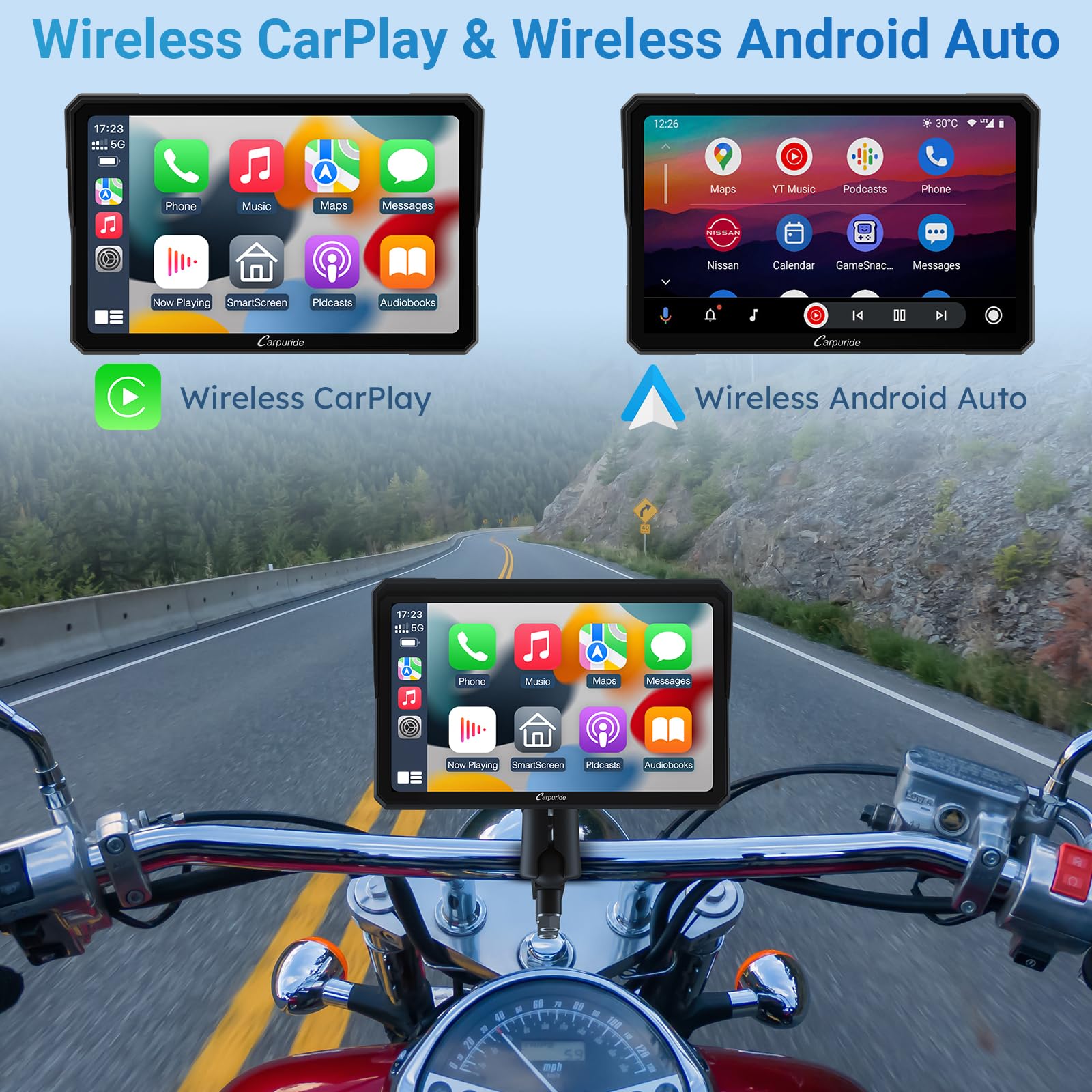 Carpuride W702 Motorcycle GPS Carplay Screen, Wireless CarPlay & Android Auto Car Stereo for Motorbike, 7" Waterproof Touchscreen, Dual Bluetooth, Siri,Navigation Screen