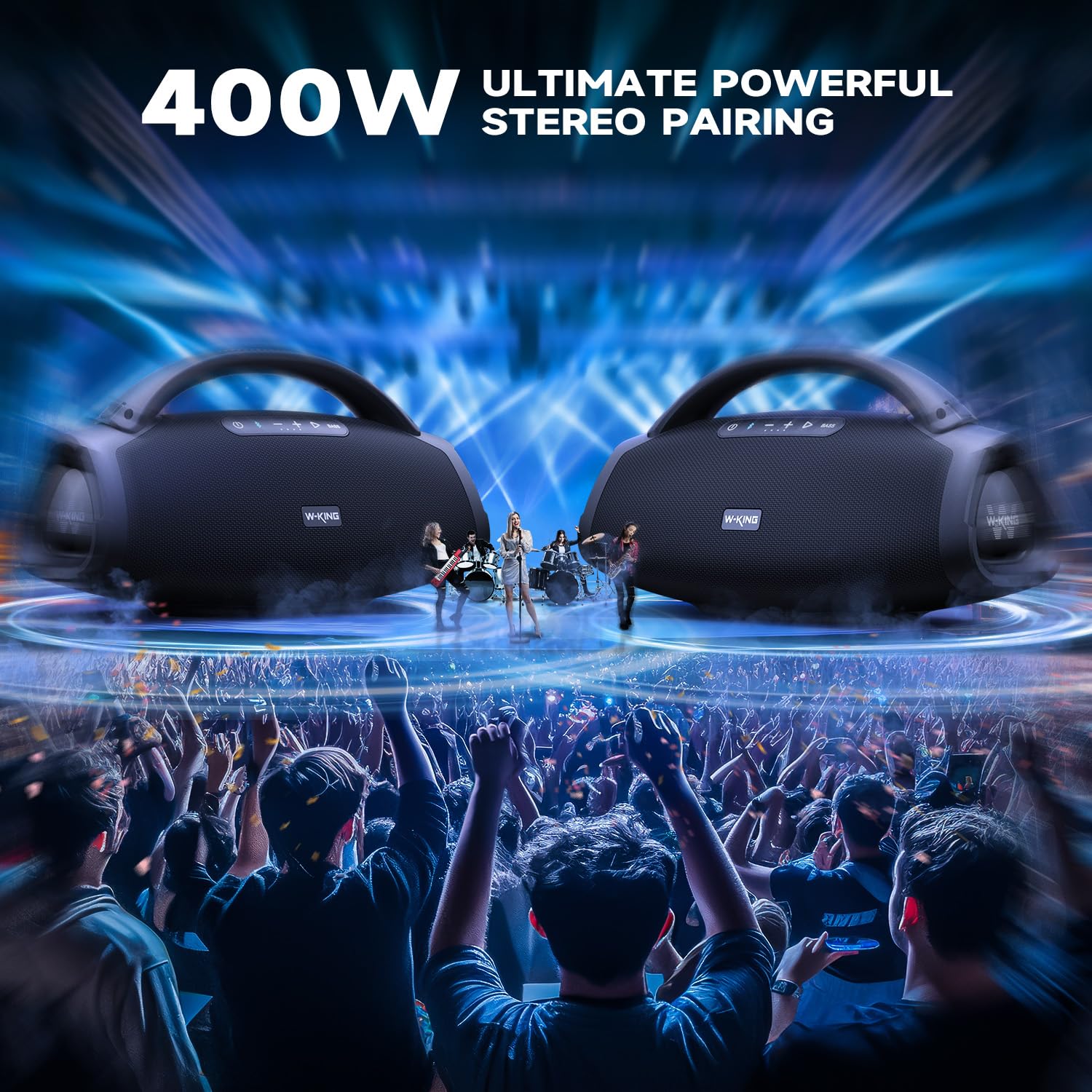 W-KING 300W Peak 200W RMS Portable Bluetooth Speakers, Massive Bass Party Boombox IPX7 Waterproof Bluetooth Speaker Large, Loud Outdoor Wireless Speaker/V5.3/EQ APP/Fast Charge/Stereo Pair/Guitar in