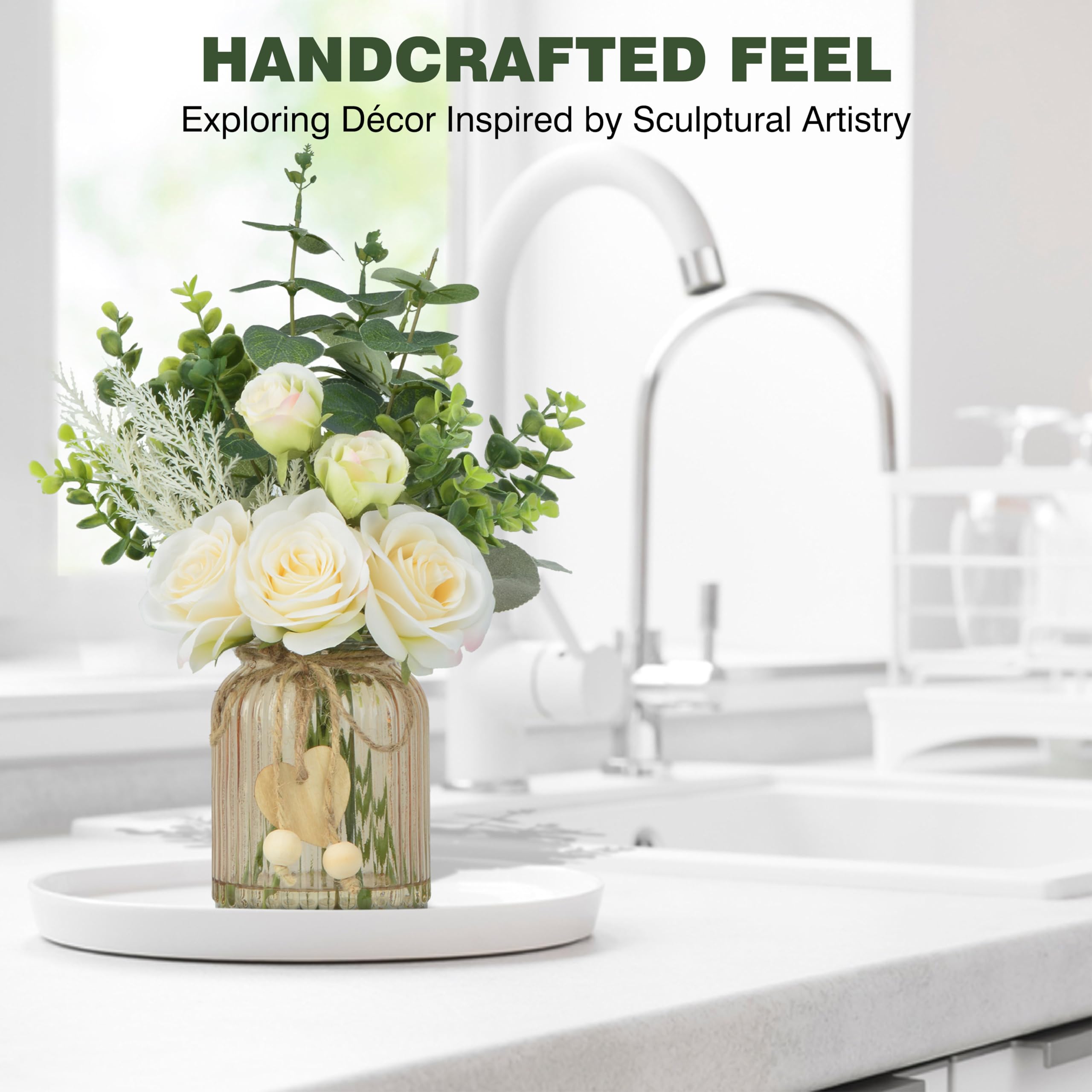 TOPSV Fake Flowers with Vase, Silk Roses Artificial Eucalyptus in Glass Vase for Farmhouse Bathroom Kitchen Table Decor, Silk Flower Arrangements for Bedroom, Dining Room, Living Room Decor