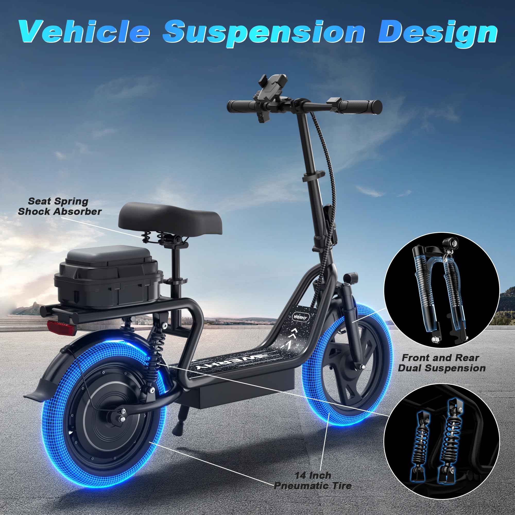 WERHY Electric Scooter,500W Motor, 14'' Tires, Top Speed 22 mph, Max 27/49 Miles Ranges, Foldable E-Scooter with Suspension &Adult, Digital Display, Cruise Control,Rear Seat Box