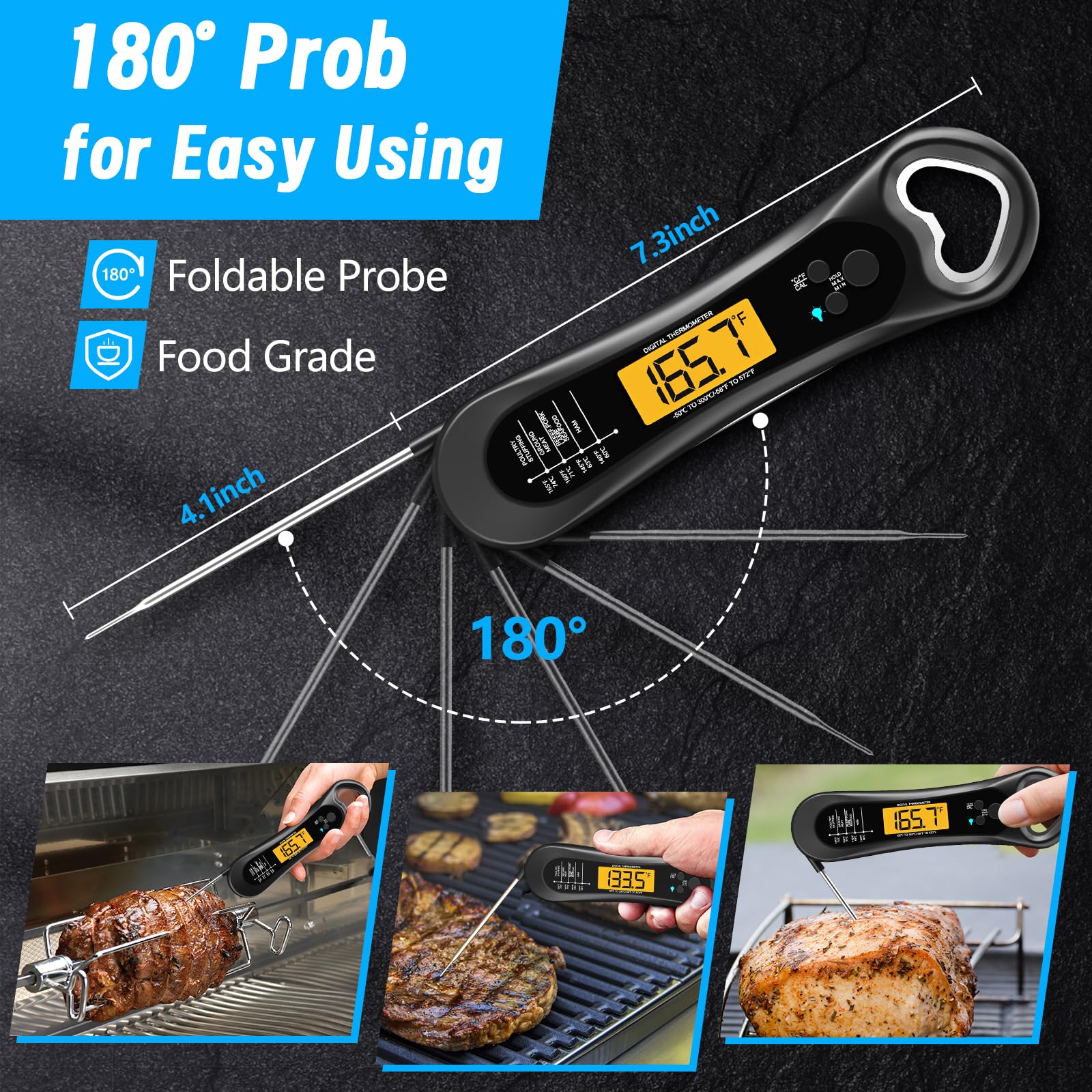 Meat Thermometer Digital, Instant Read Meat Thermometer for Grill and Cooking, with Bottle Opener, Backlight & Calibration Food Thermometer, Kitchen Gadgets for BBQ, Turkey, Candy, Liquids