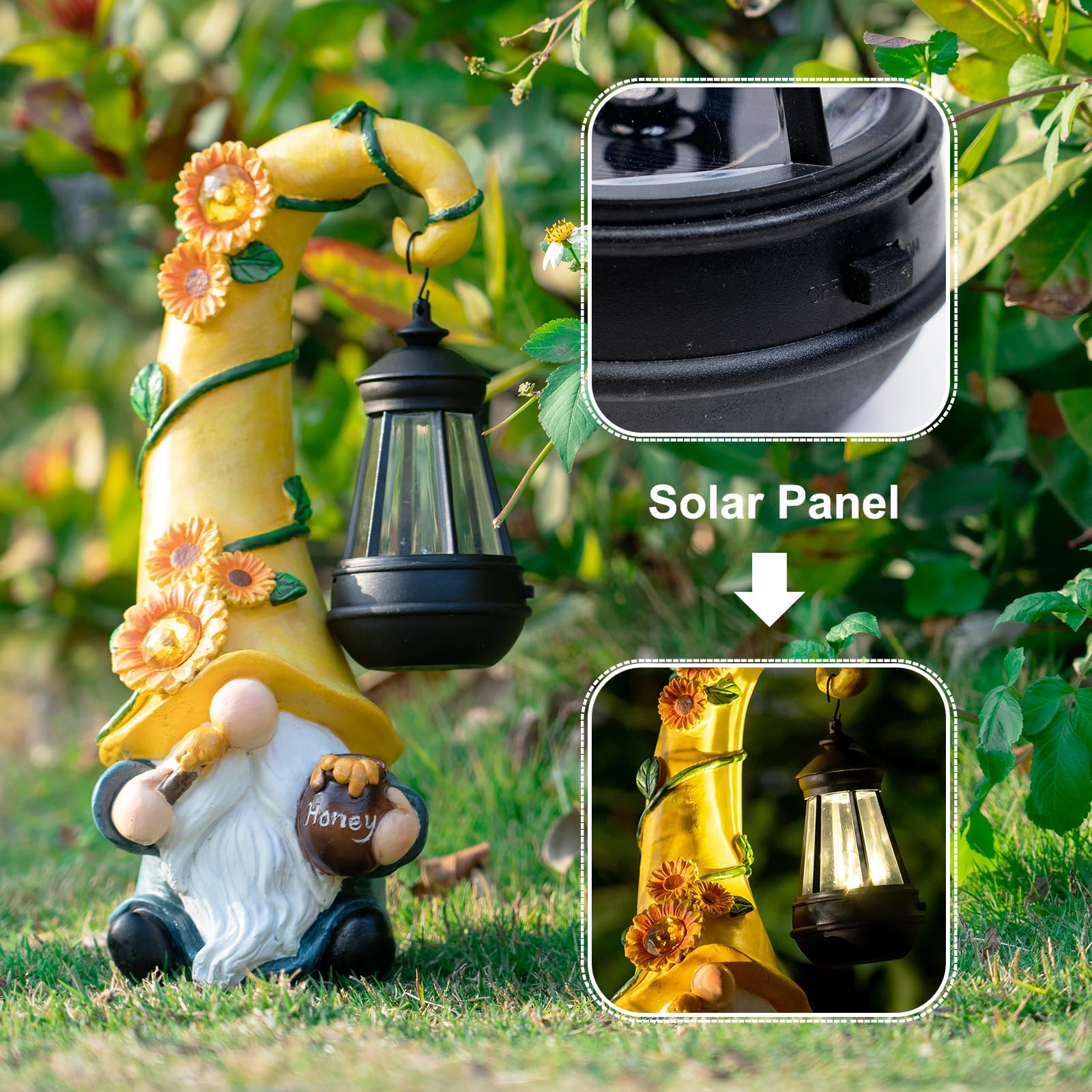 twinbling 12" Solar Gnome Garden Statues Honey Bee jar Decor with LED Lantern Outdoor Gnomes Decorations Patio Yard Art Gifts for Women Mom-Lantern