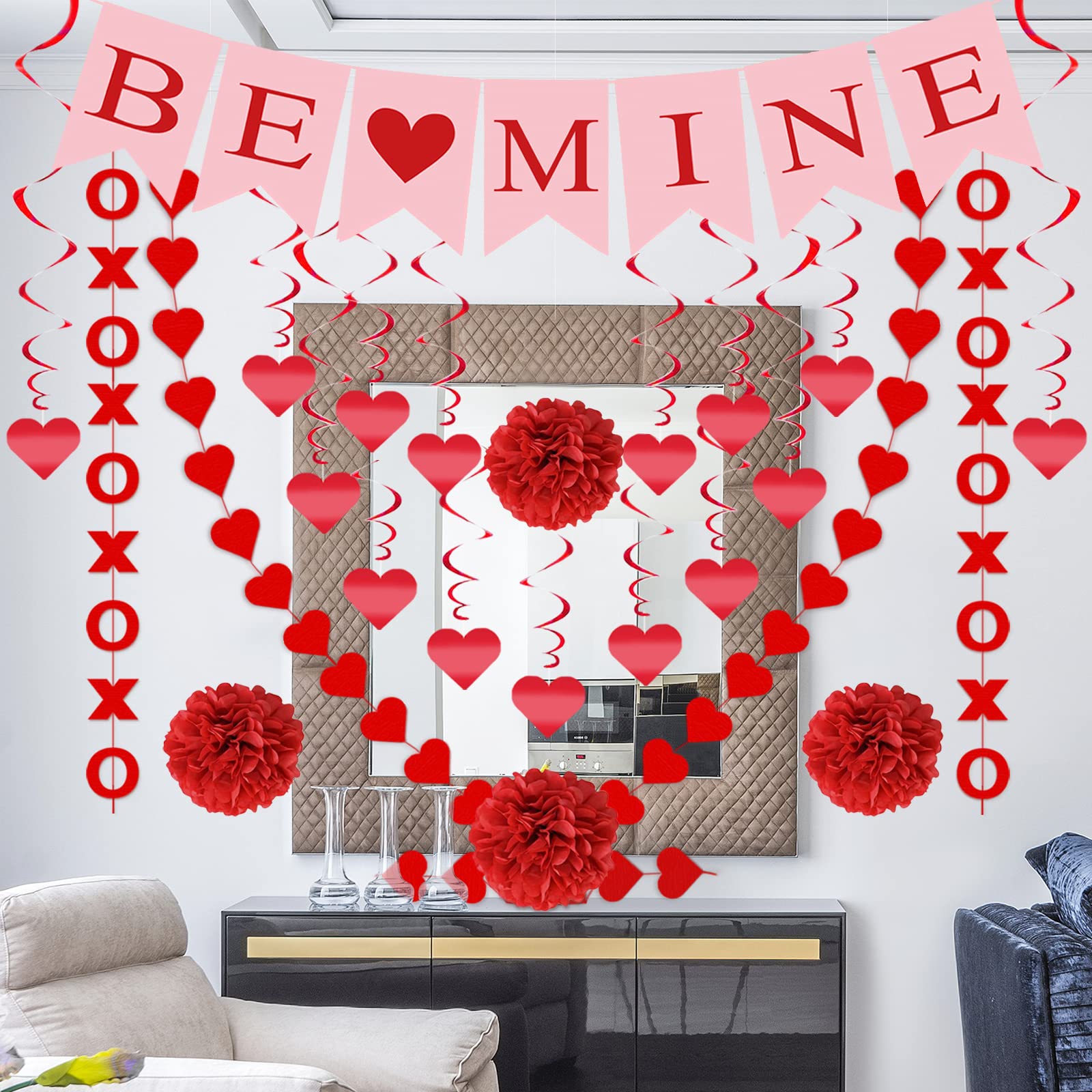 21Pcs Valentines Day Decorations Set Pre-Assembled Hanging Heart Swirls BE Mine Love Heart XO Garlands Banner for Home Classroom Office Wedding Party