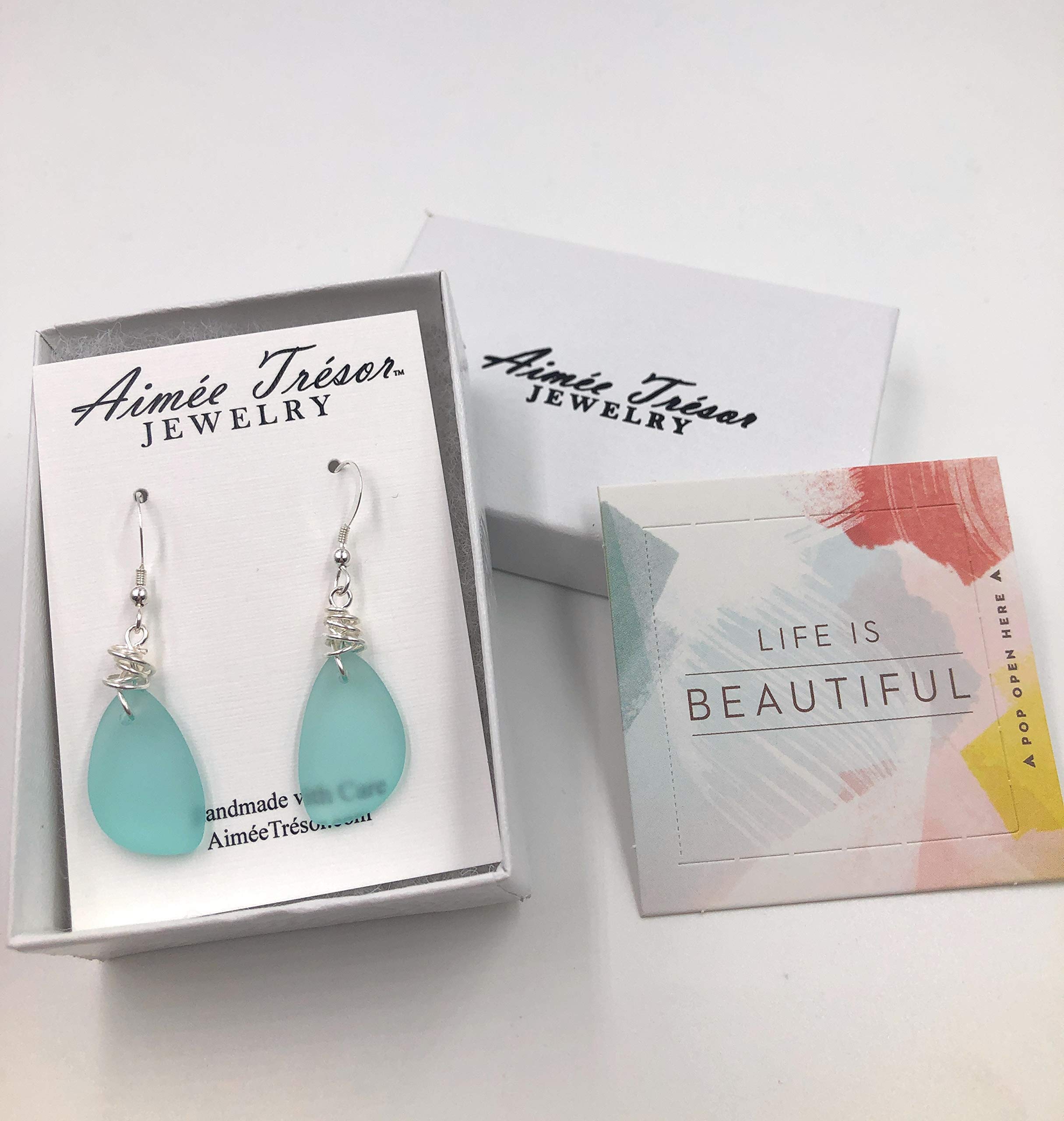 Popular Sea Foam Green Sea Glass Earrings with Charming Handmade Silver Knot on Sterling Silver Hooks, Perfect Gift, by Aimee Tresor Jewelry