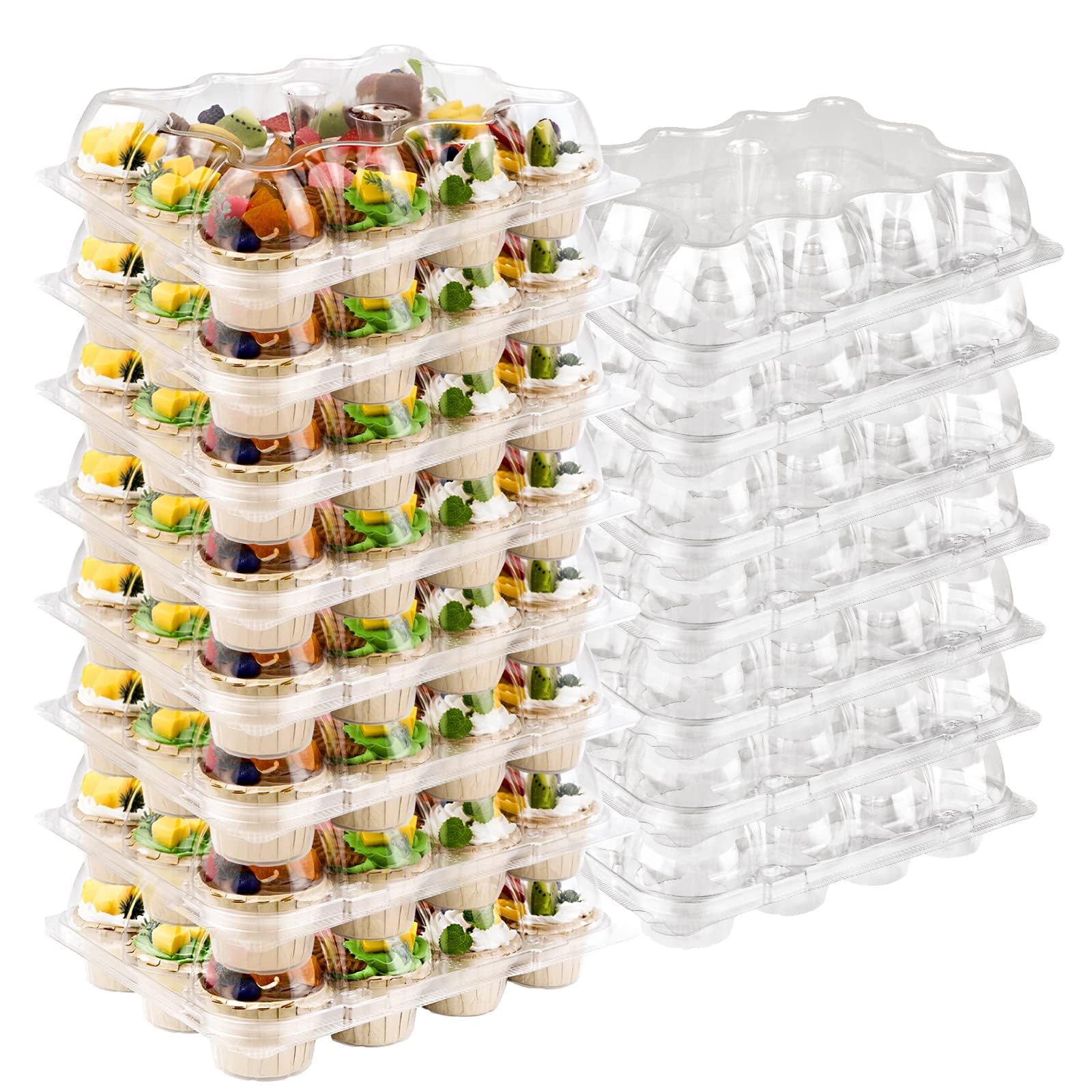 TWOWYHI 12 Counts x 15 Sets Cupcake Containers 12 Count Cupcake Boxes Plastic Cupcakes Carrier Holders for Clear Plastic Disposable Cupcakes Containers with Detachable Tall Lid