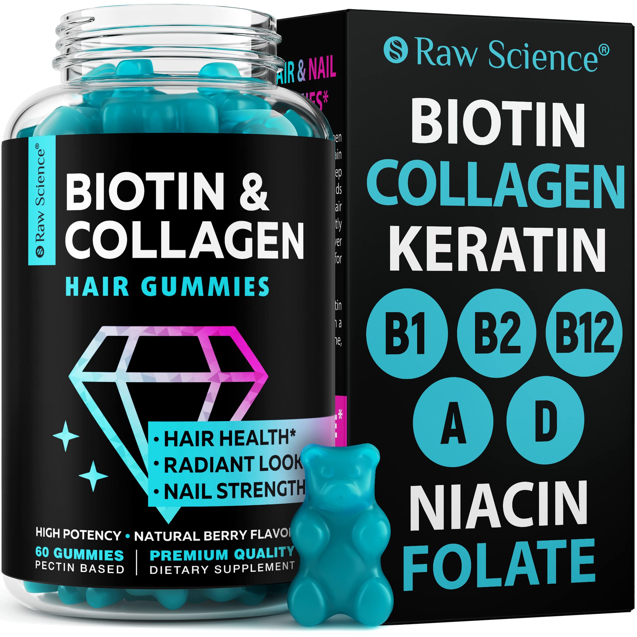 Biotin Collagen Gummies – Hair Skin and Nails Vitamins for Women & Men – Hair Growth Vitamins: B1, B2, B3, B5, B7, B9, B12, Collagen, Keratin, Vitamin A & D – Hair Growth Supplement – 60 Gummy Bears