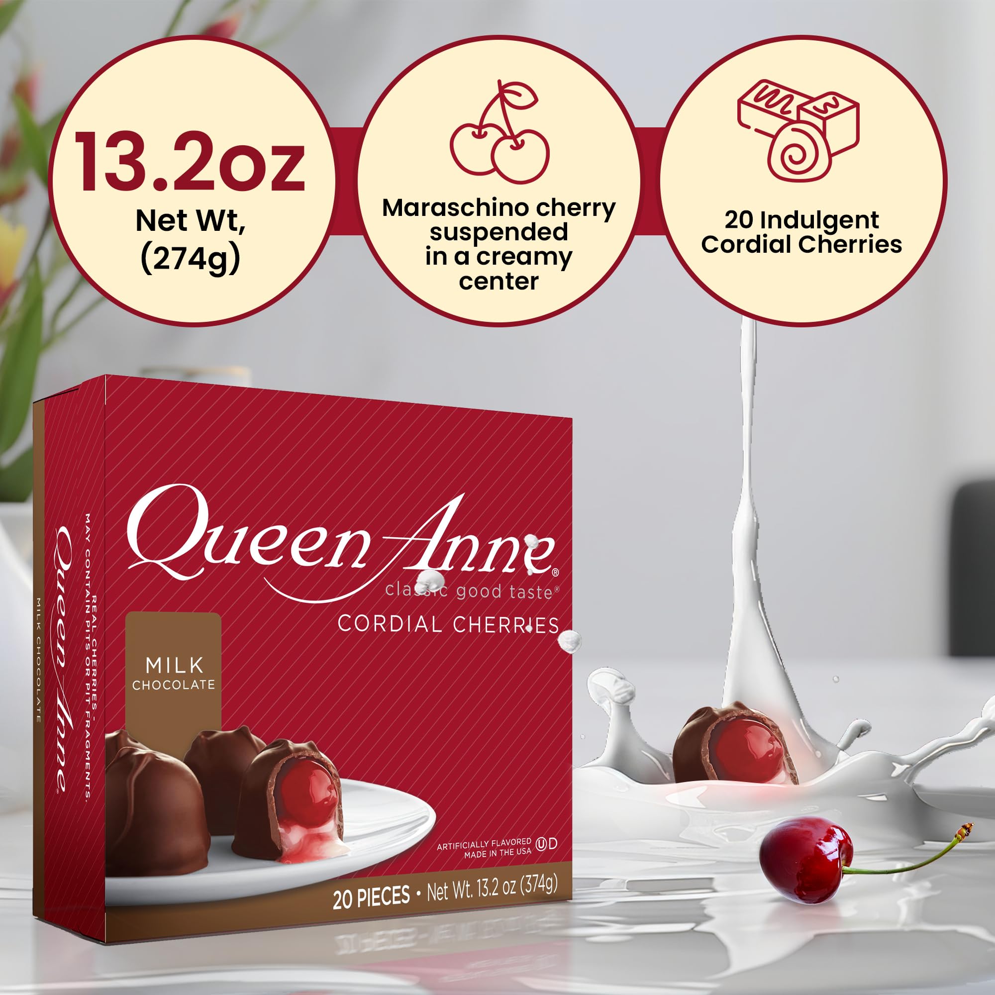 Queen Anne Milk Chocolate Covered Cordial Cherries | 13.2 oz | 20 Piece Gift Box | Whole Cherry Sweet Creamy Fruity Flavor | Holiday Candy