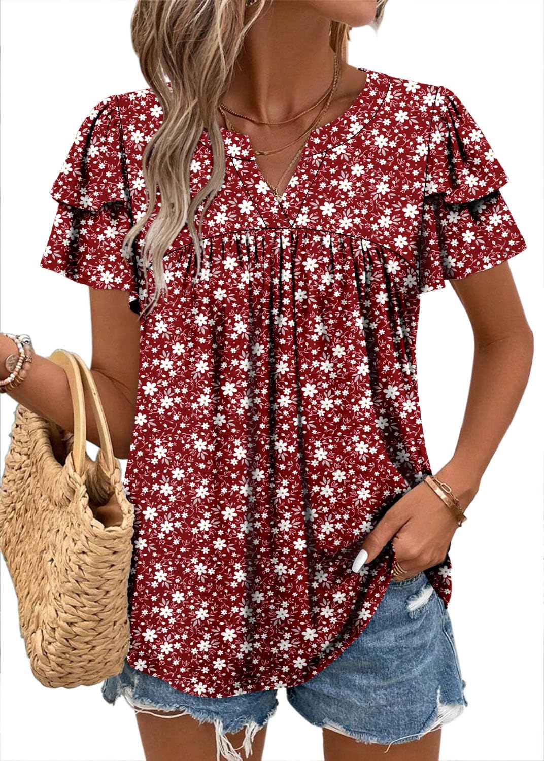 BETTE BOUTIK womens tops summer crewneck ruffle short sleeve blouses for women cute tops for women TomatoRed 3X-Large