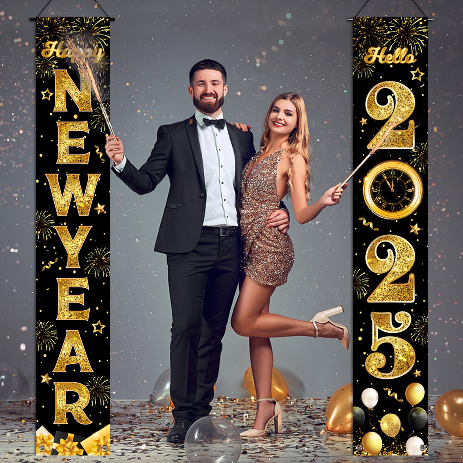 Happy New Year Door Banner, 2PCs New Year Front Door Banner 2025 Black Gold New Year Front Porch Hang Door Banners Sign Set New Years Eve Party Supplies Happy New Year Decorations, 71x12 Inch