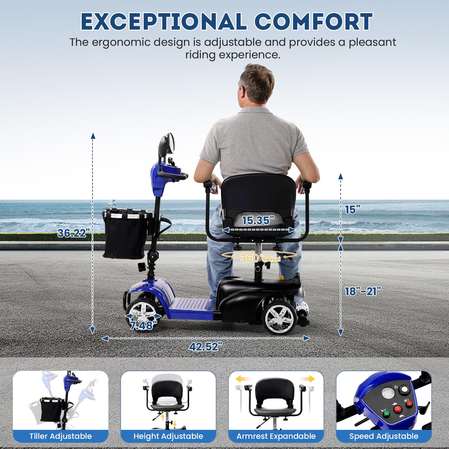 [2026 Upgrade] Aolebor 30 Miles 4 Wheel Mobility Scooter for Seniors & Adults, 350W Powered Wheelchair with Rotating Seat, Foldable Motorized Scooter with USB Port, Removable Basket, Supports 300 lbs
