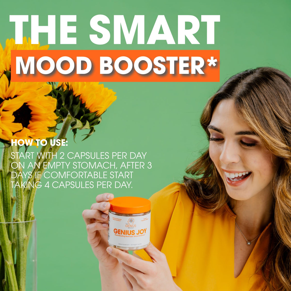Genius Joy, Nootropic Mood Enhancer Supplement - Support Cognitive Health, Enhance Mood & Neural Function with Brain Boosting L-Theanine, Panax Ginseng & SAM-e - Organic, Non-GMO, & Gluten-Free