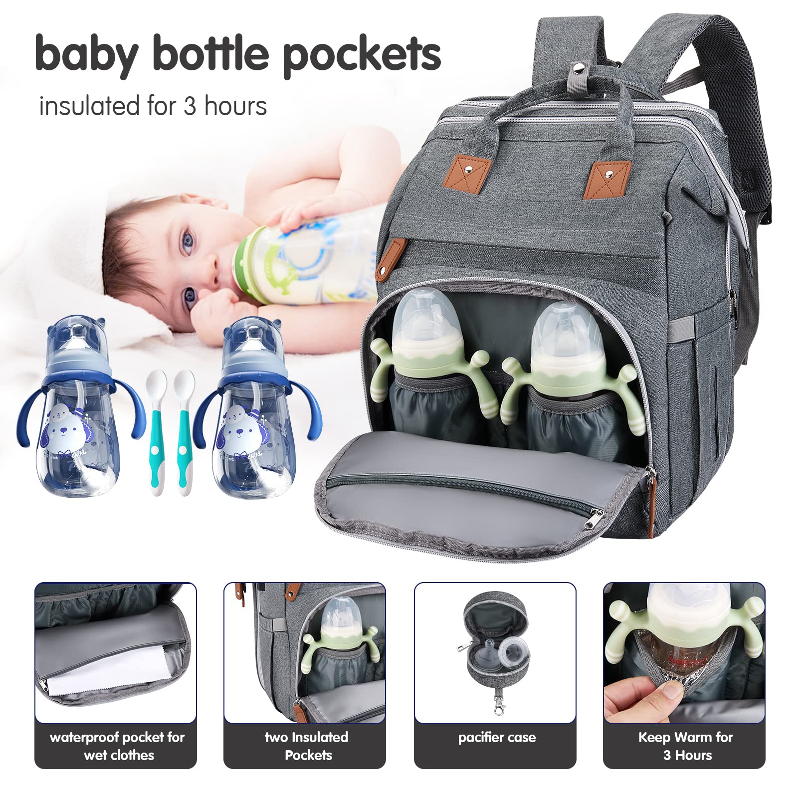 DERJUNSTAR Diaper Bag Backpack,Baby Diaper Bags, Multifunctional Travel Diaper Waterproof Backpack for Baby Boy & Girls, with Portable Diaper Pad,Grey