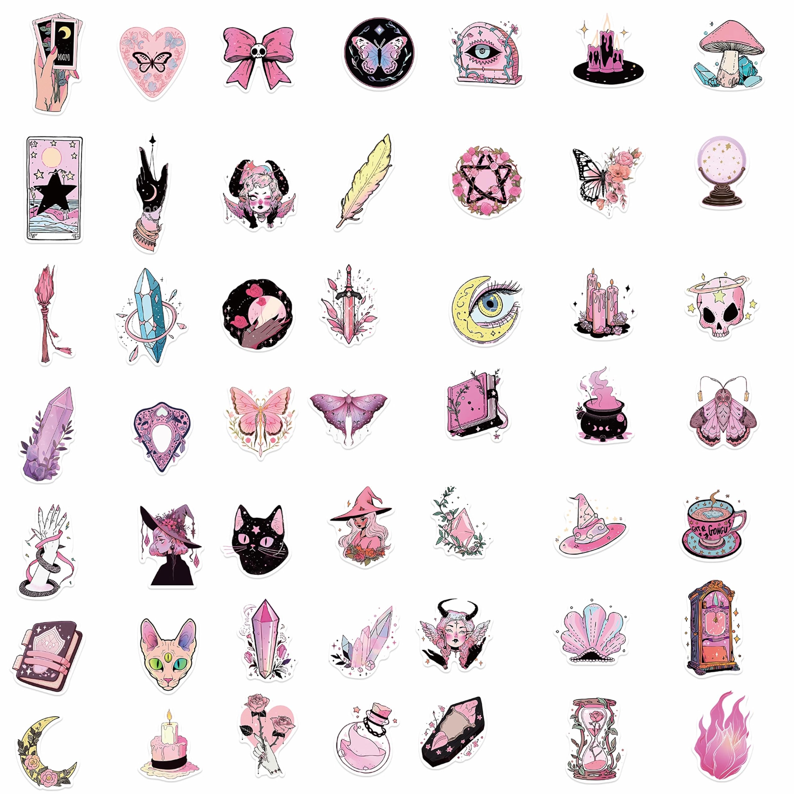 50 Pcs Pink Witch Stickers, Pink Aesthetic Stickers, Cryptid Stickers,Vintage Waterproof Stickers for Phone Case, Laptops, Books, Notebook, Water Bottle, Bicycles, Skateboards