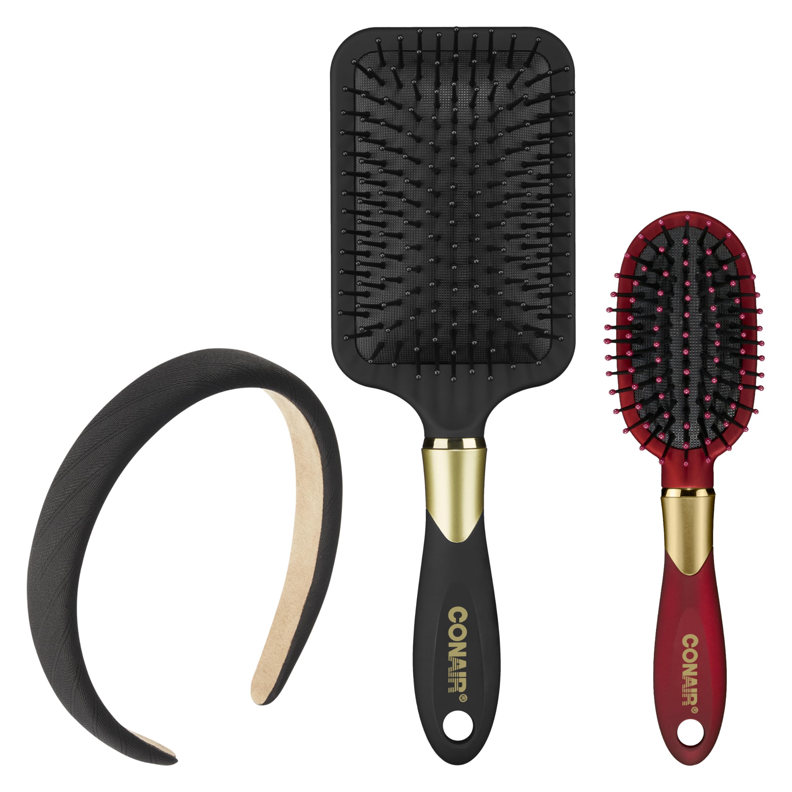 Conair Velvet Touch hairbrush set - Travel hair brush - suitable for curly or straight styles - features soft touch handle with bonus headband - Red/Black