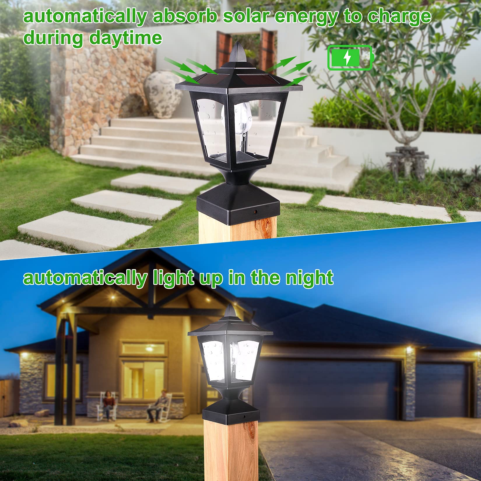 Solar Post Lights Outdoor, Solar Lamp Post Cap Lights, Waterproof Fence Post Solar Lights for Wood Fence Deck Patio Garden Outside Decorative, Fit on 4x4 Wood Posts, 15 Lumens, Black (2 Pack)