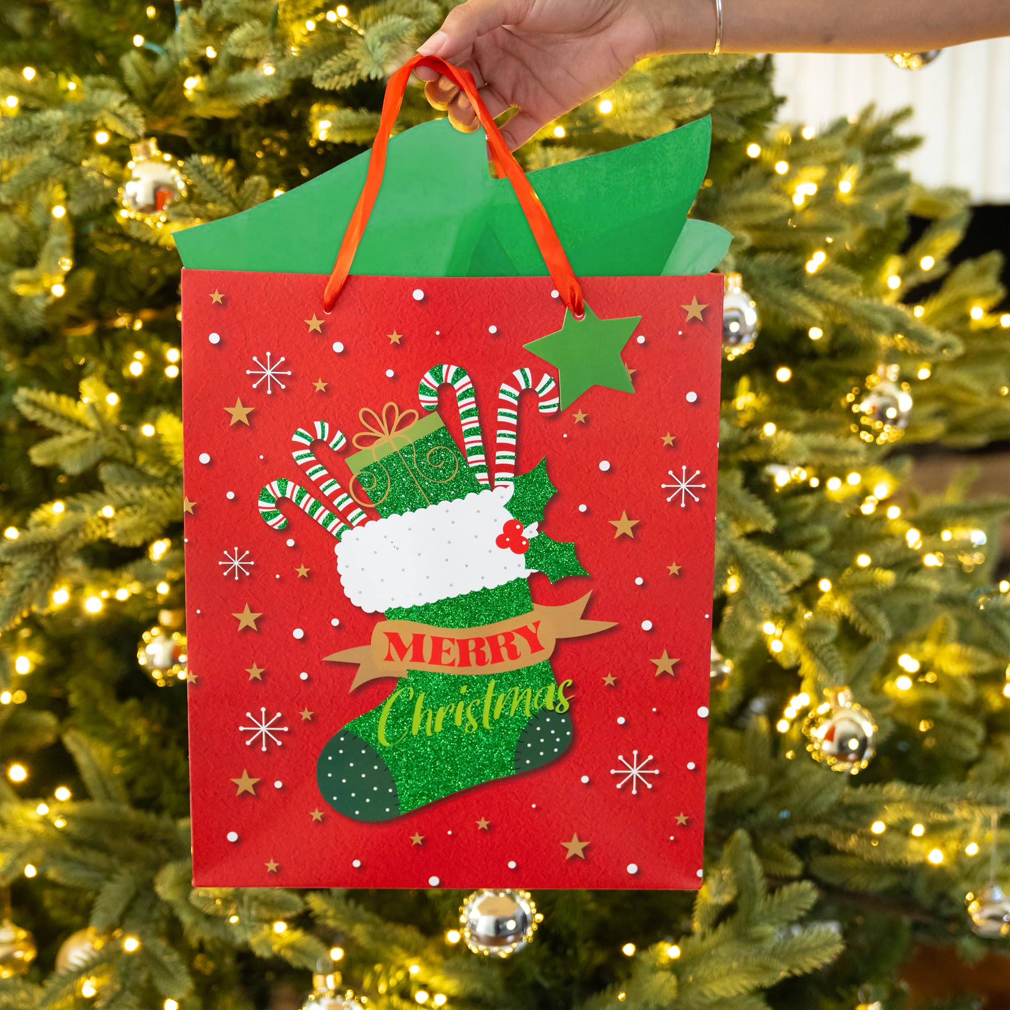 RACHELLE'S Christmas Gift Bags (Medium, 13"x10"x4") - 2 Pack Sturdy Paper Gift Bags with Tissue Paper, Tag and Handle - Ideal Party Favors and Gifting this Christmas Holiday Season