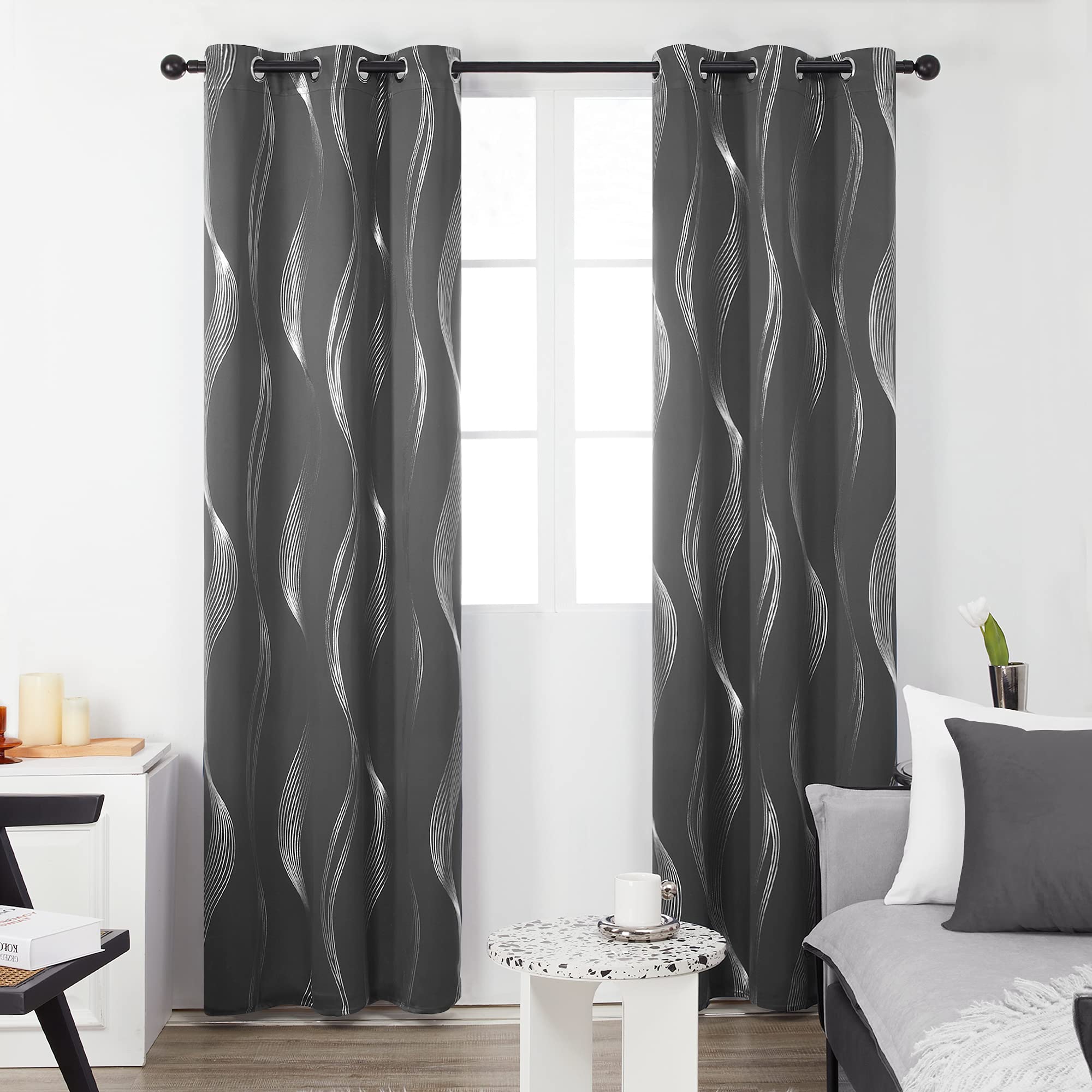 Deconovo Foil Print Wave Striped Blackout Curtains, Room Darkening Grommet Window Curtains, Curtains for Bedroom, 42x95 Inch, Set of 2, Dark Grey