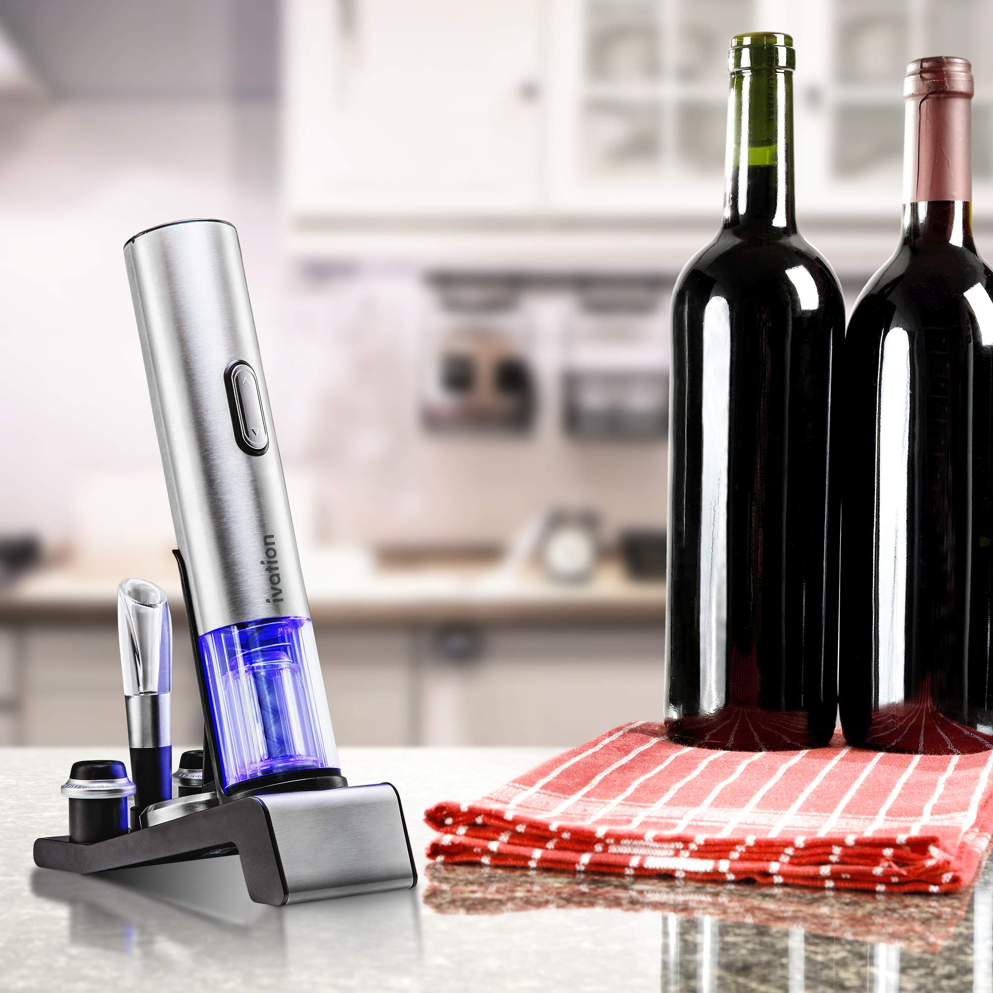 Ivation 6-in-1 Wine Gift Set – Includes Stainless Steel Electric Opener, Vacuum Preserver, 2 Cork Stoppers, Foil Cutter & Charging Base