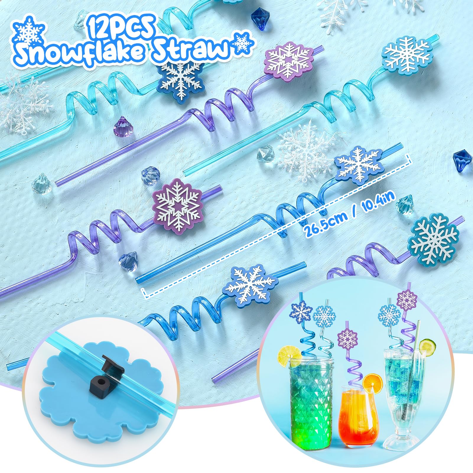 Golray 98pcs Snow Party Favors Birthday Supplies for Girls Kids Snowflake Straw Bubble Wands Sticker Toy Prize Filler Goodie Bag Stuffer Winter Girl Party Favors