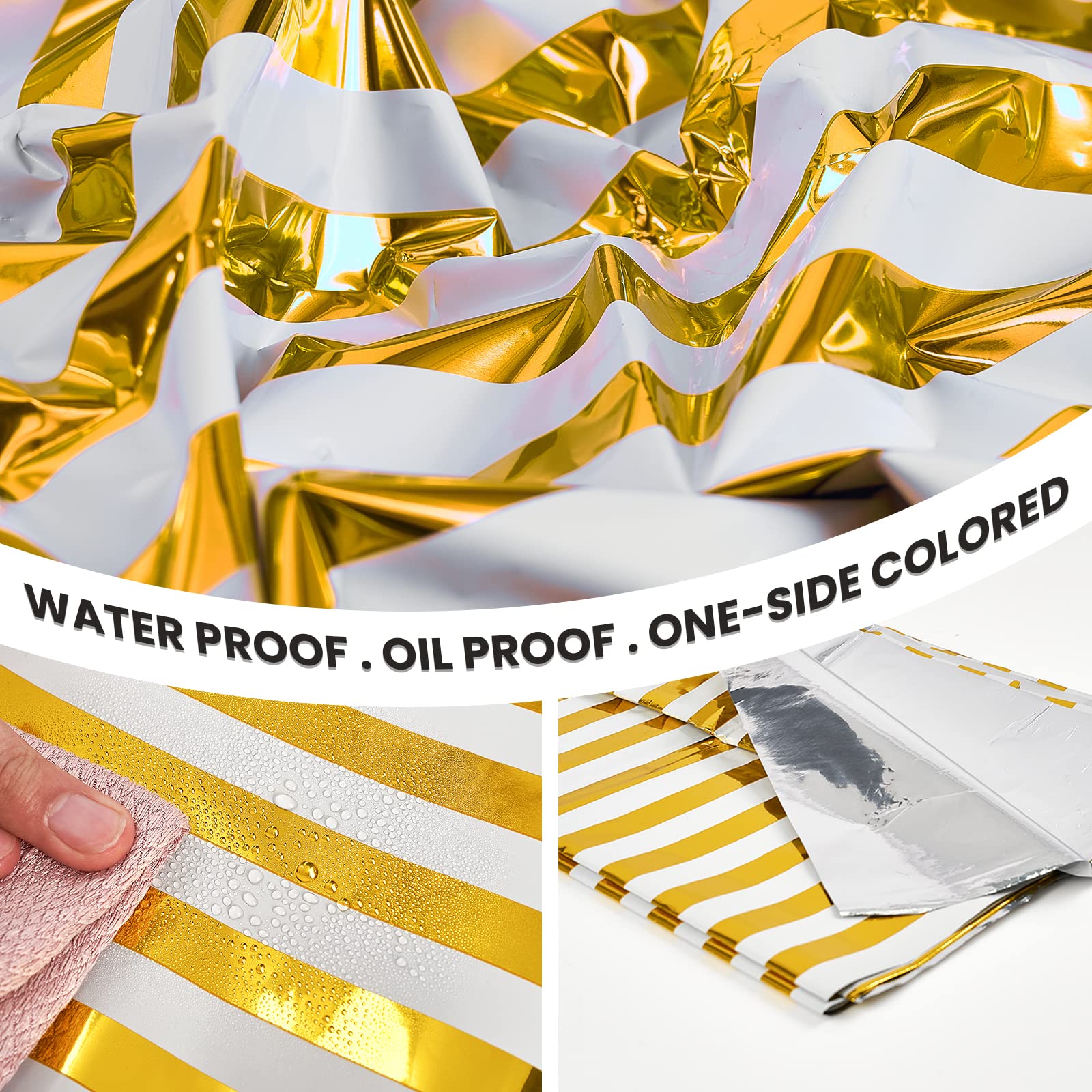 PartyWoo Gold Foil Tablecloth, 54 x 108 Inch Stripe Rectangle Party Tablecloth, Foil Tablecloth for 6 to 8 Foot Table, Metallic Table Cover, Waterproof Table Cloth for Birthday, Wedding (1 Pack)