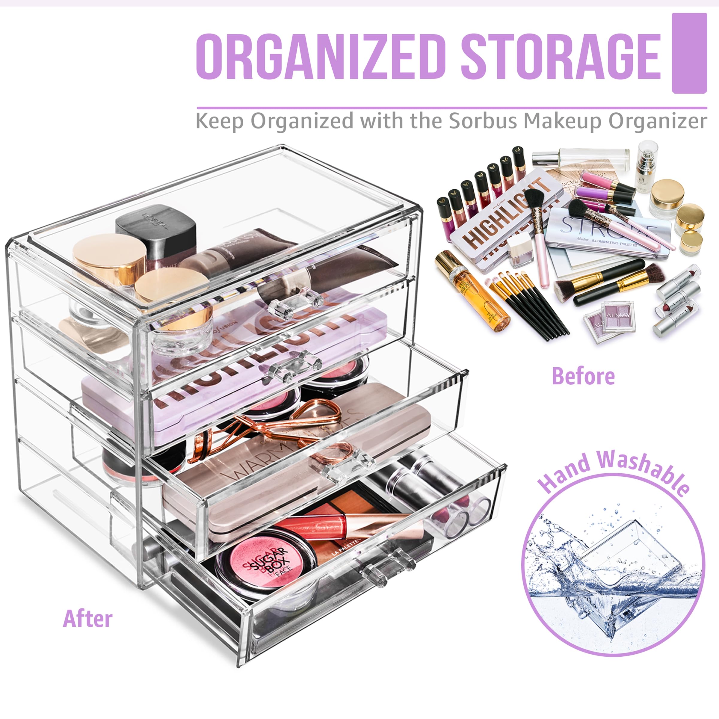 Sorbus Makeup Organizer - 4 Drawer Acrylic Make Up Organizers and Storage for Cosmetics, Jewelry, Beauty Supplies, Clear Makeup Organizer for Vanity, Girl's Room, College Dorm, Counter, Bathroom-Sinks