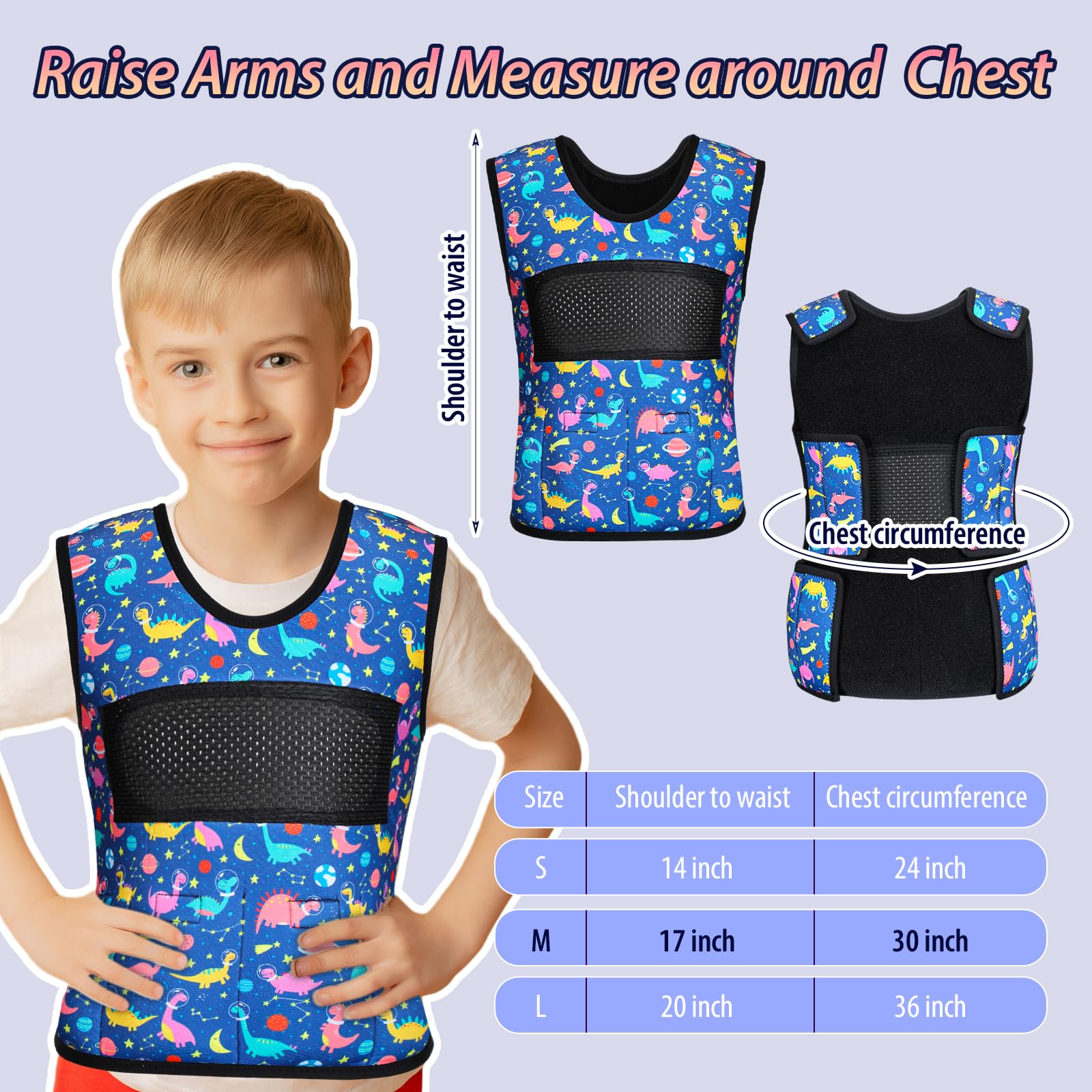 Janmercy Weighted Vest for Kids Ages 4 to 7 and Ages 8+ Boy Girl Adjustable Breathable Compression Vest for Processing Issue(Dinosaur,Medium,Dark Blue)