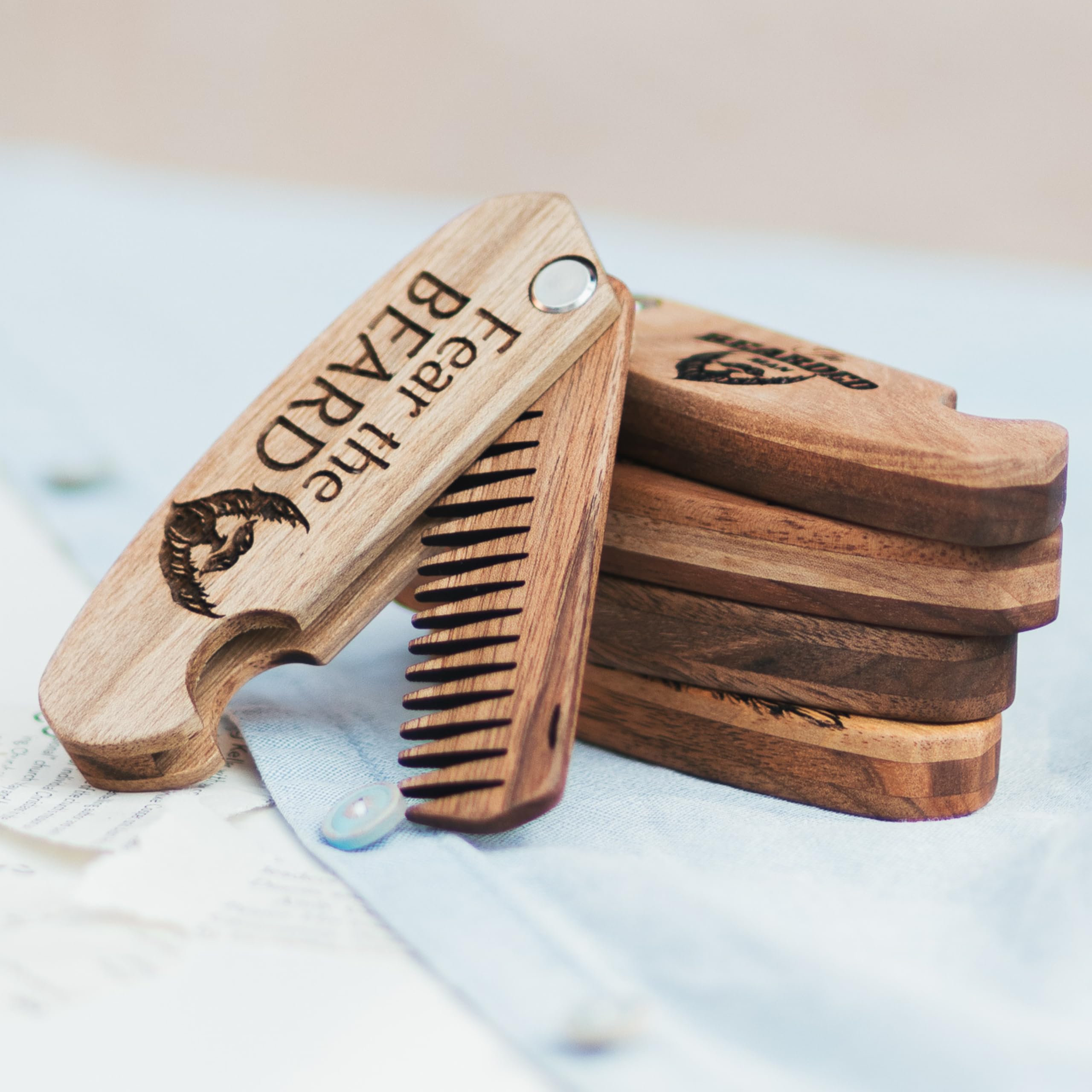 Beard Comb Gifts for Him Wooden Comb for Men Folding Pocket Comb for Moustache Beard Hair Walnut Combs Husband Anniversary Gift with the Engraving (Fear The Beard) (Model FTB)