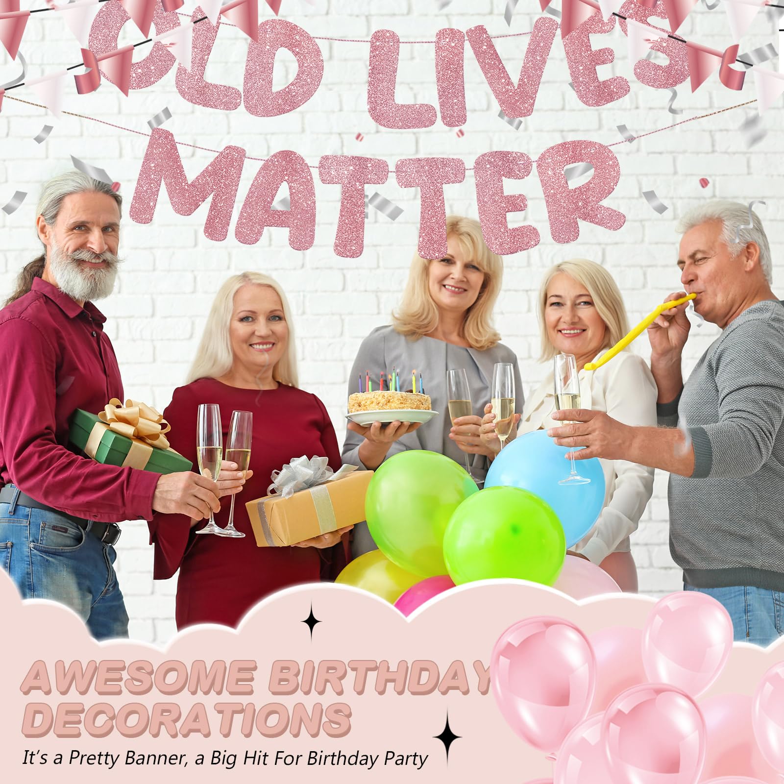 Fulmoon Pre Strung Old Lives Matter Banner 6.56 ft Funny Birthday Retirement Party Decorations 80th 70th 60th 50th Retirement Party Garland Bunting Decorations for Men Women (Glitter Rose Gold)