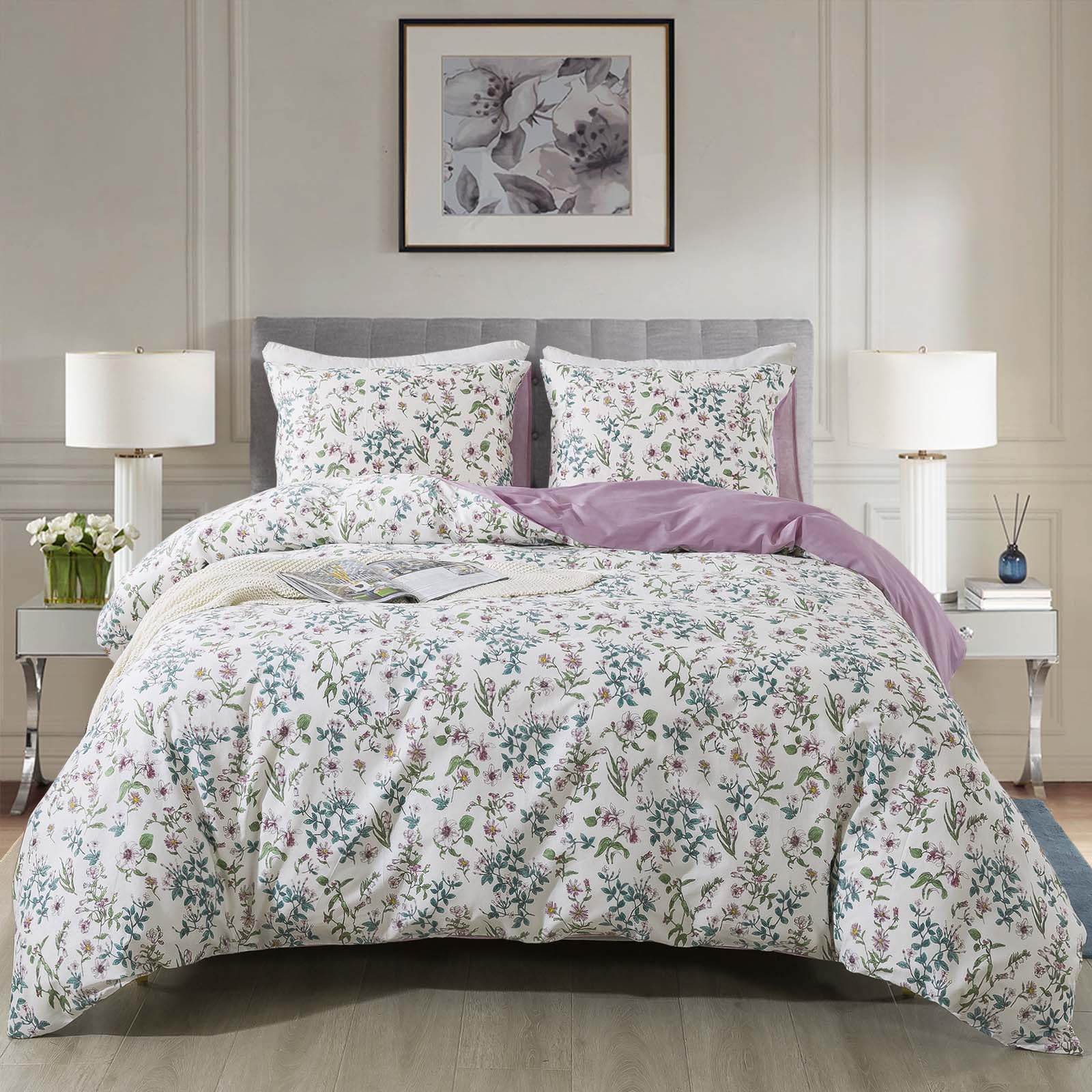 HoneiLife Cotton Duvet Cover Queen - Floral Comforter Cover 3-PC, Soft & Breathable Flower Bedding Duvet Cover Sets with Zipper Closure & Corner Ties, Wildflower Comforter Cover Sets, Blooms