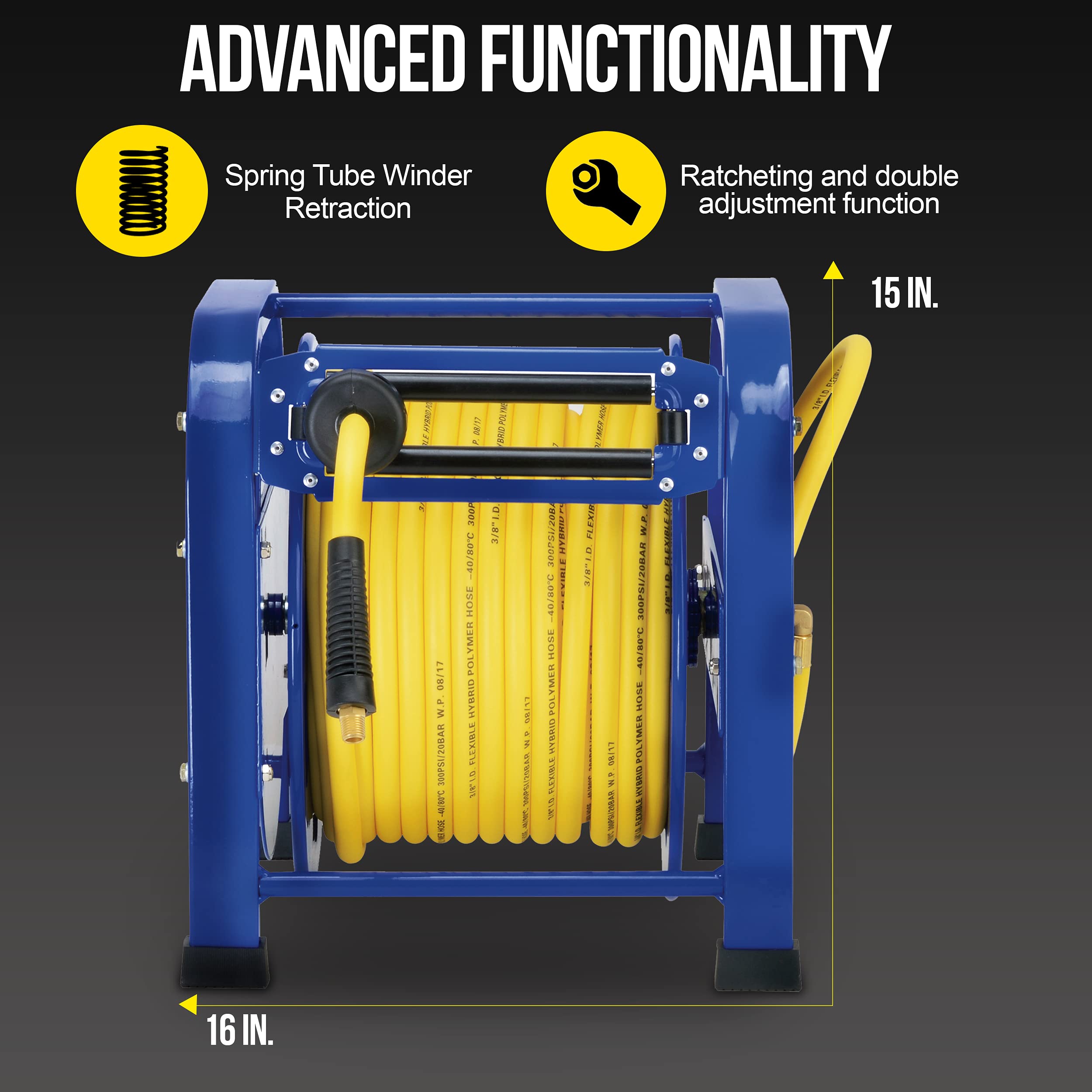 Goodyear Retractable Air Hose Reel, 3/8" x 100 Feet, 300 PSI, Spring-Driven Steel, Heavy Duty Industrial, Flex Hybrid Polymer Hose, Portable and Durable