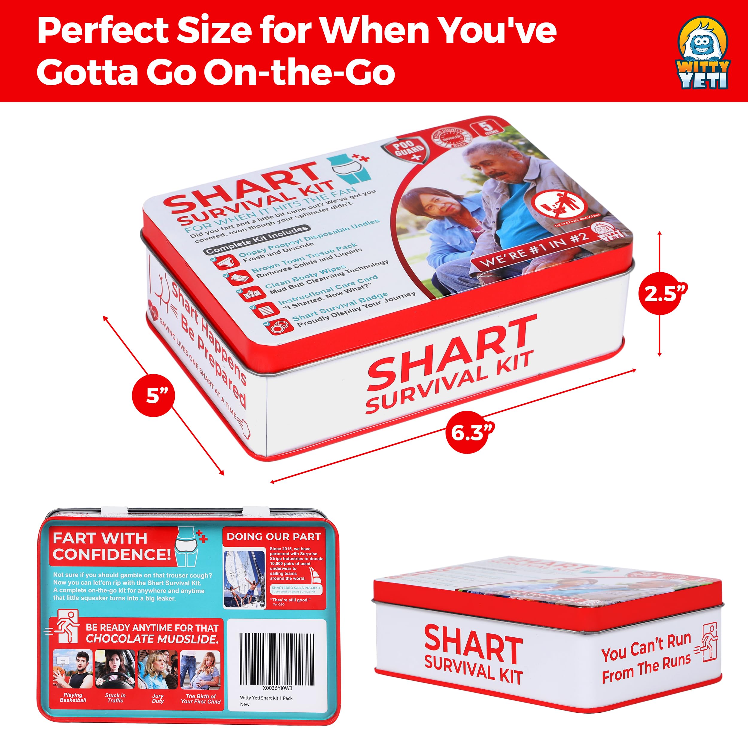 Funny Shart Survival Kit by Witty Yeti. Ultimate Poop Prank Gag Gift Set Contains Wet Wipes, Disposable Underwear, Tissues and Hilarious Badge. Novelty Fart Potty Pack Great for Friends or Family