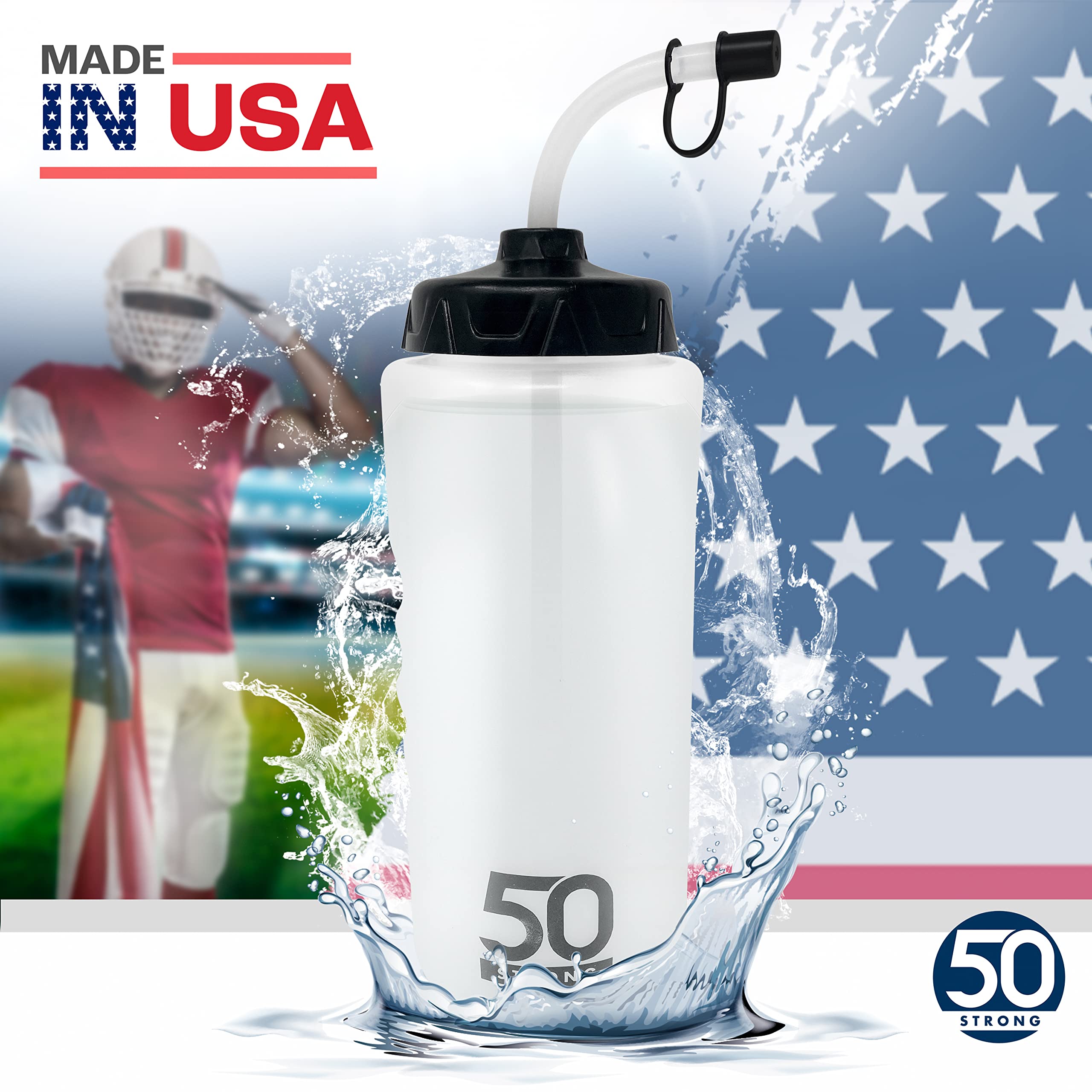 1 Liter Sports Water Bottle W/Straw - Easy Squeeze + Built In Finger Grip - BPA Free Plastic - Use W/Sport Helmet In Football & Hockey - Single & Multi-pack (2-Pack)