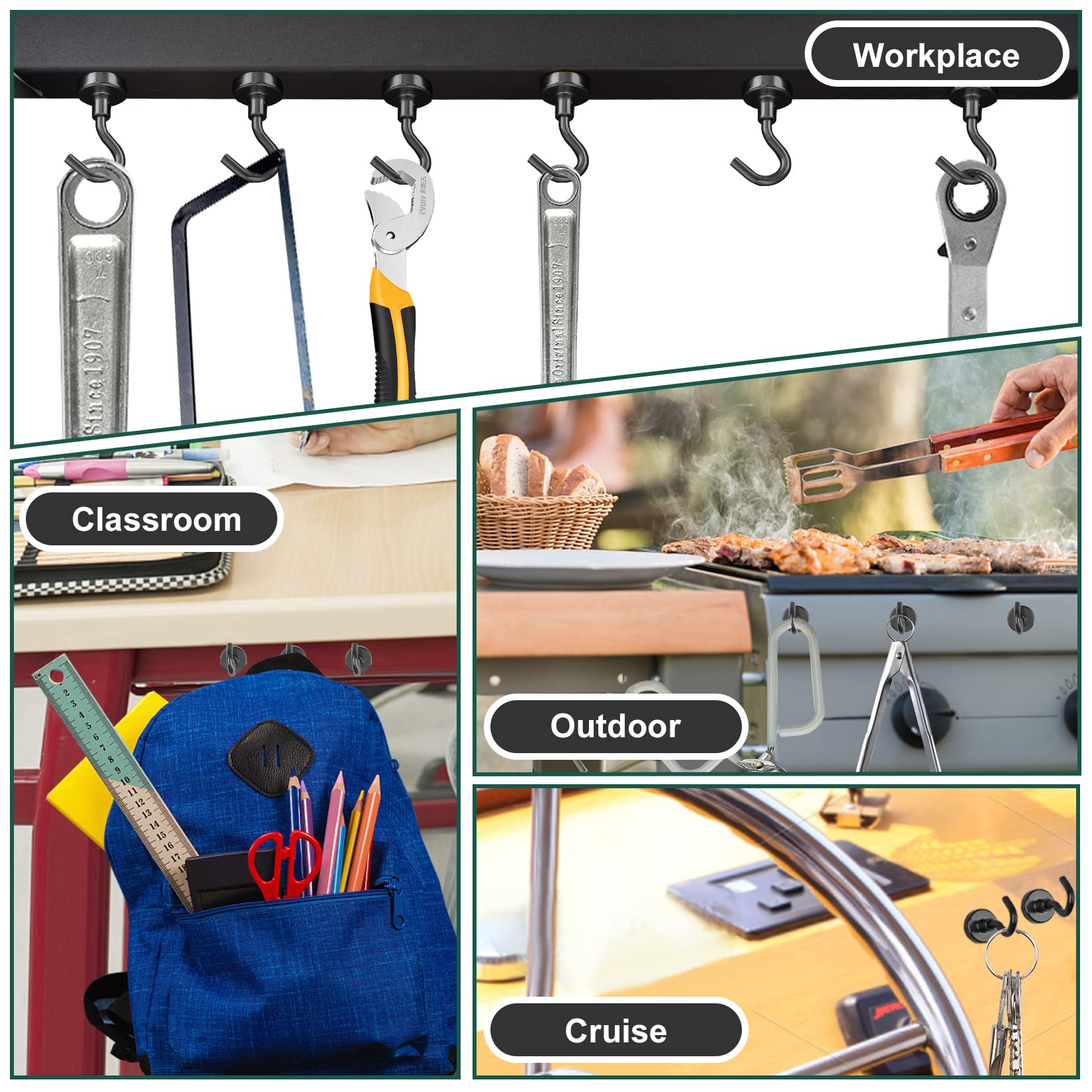 VNDUEEY 10 Pack Black Magnetic Hooks, 22Lbs Strong Magnet Hooks for Hanging, Magnetic Hook Heavy Duty, Fridge Magnets Neodymium with Hooks for Cruise,Classroom, Kitchen, Workplace, Office and Garage