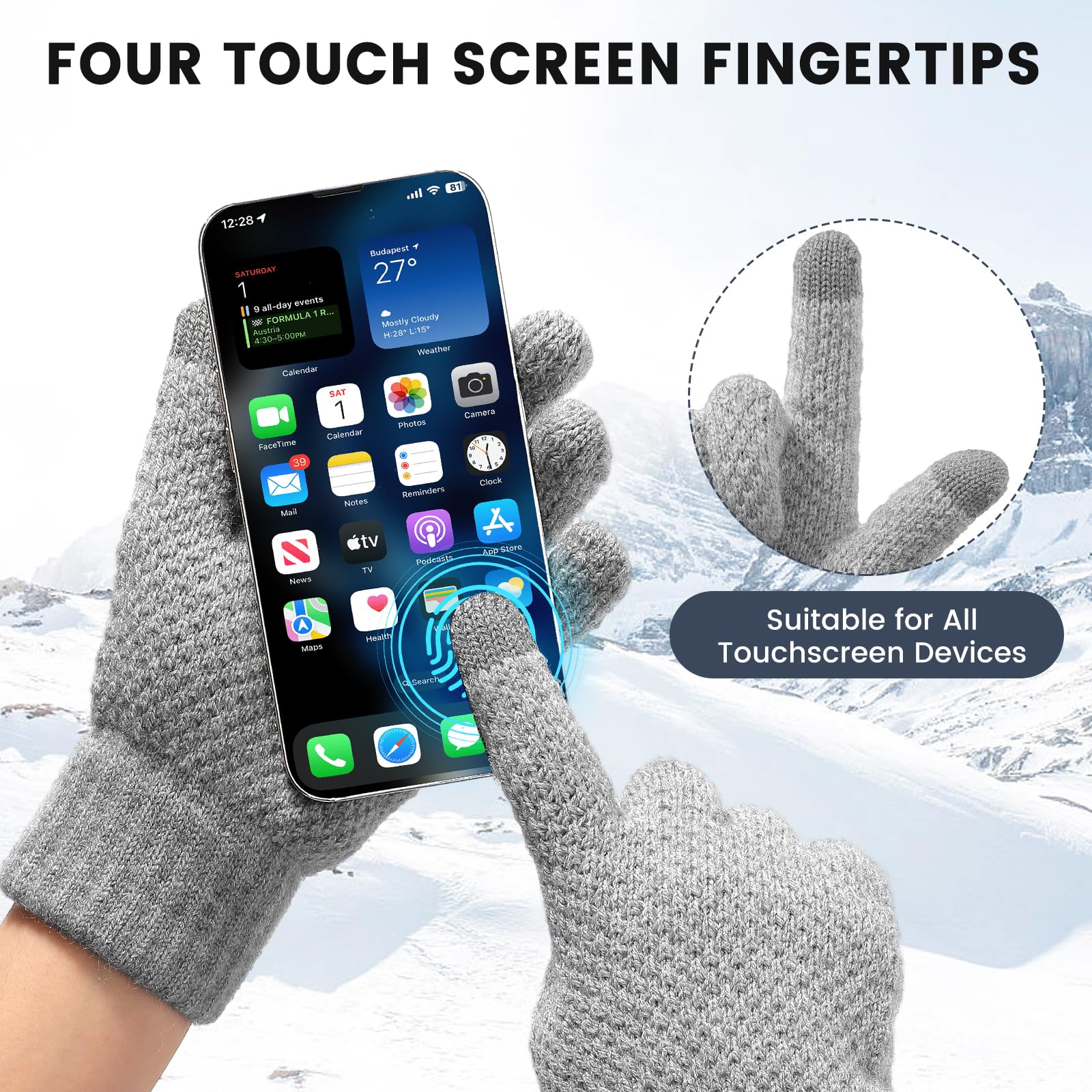 Loiyadn Winter Gloves - 4 Pairs Women's Winter Gloves, Winter Touchscreen Gloves Women Men, Warm Knit Gloves for Cold Weather