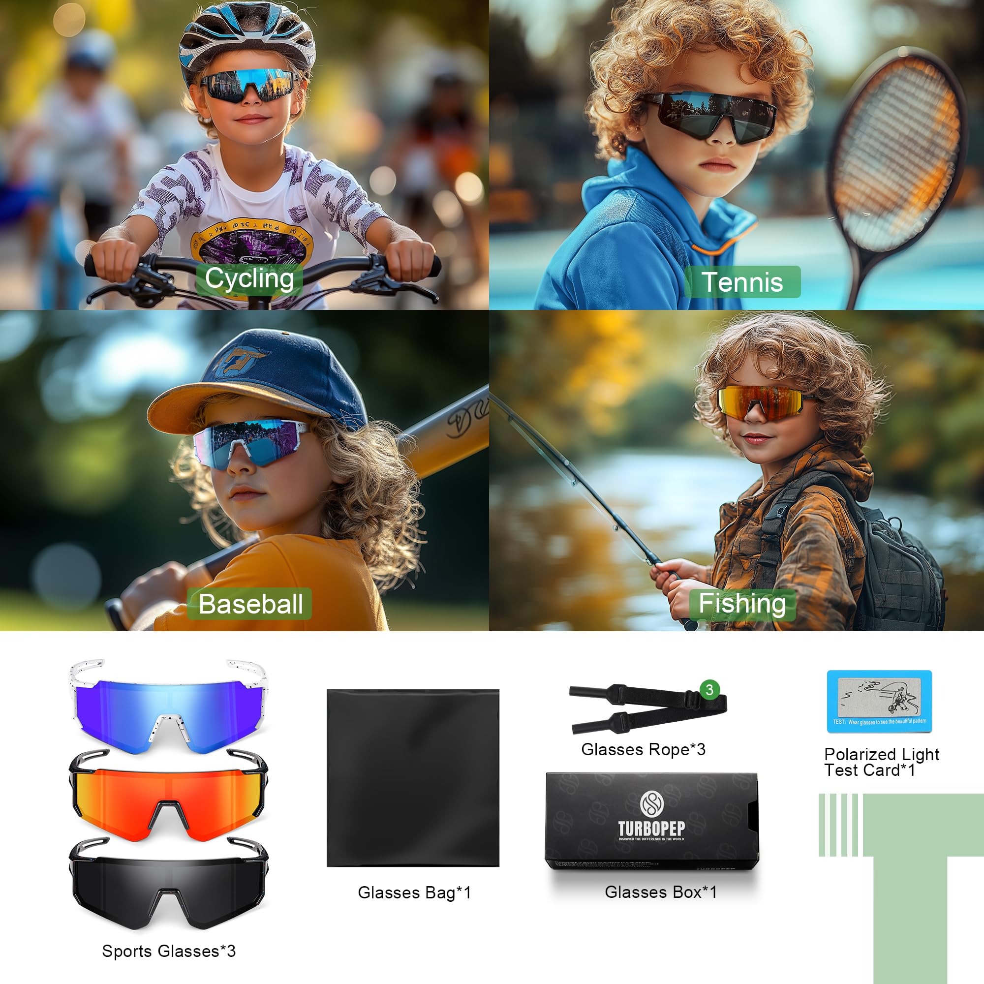 TURBOPEP 3Pack Kids Polarized Sunglasses - Youth Baseball Sunglasses for Boys Girls Age 3-12 Sports UV Protection Goggles