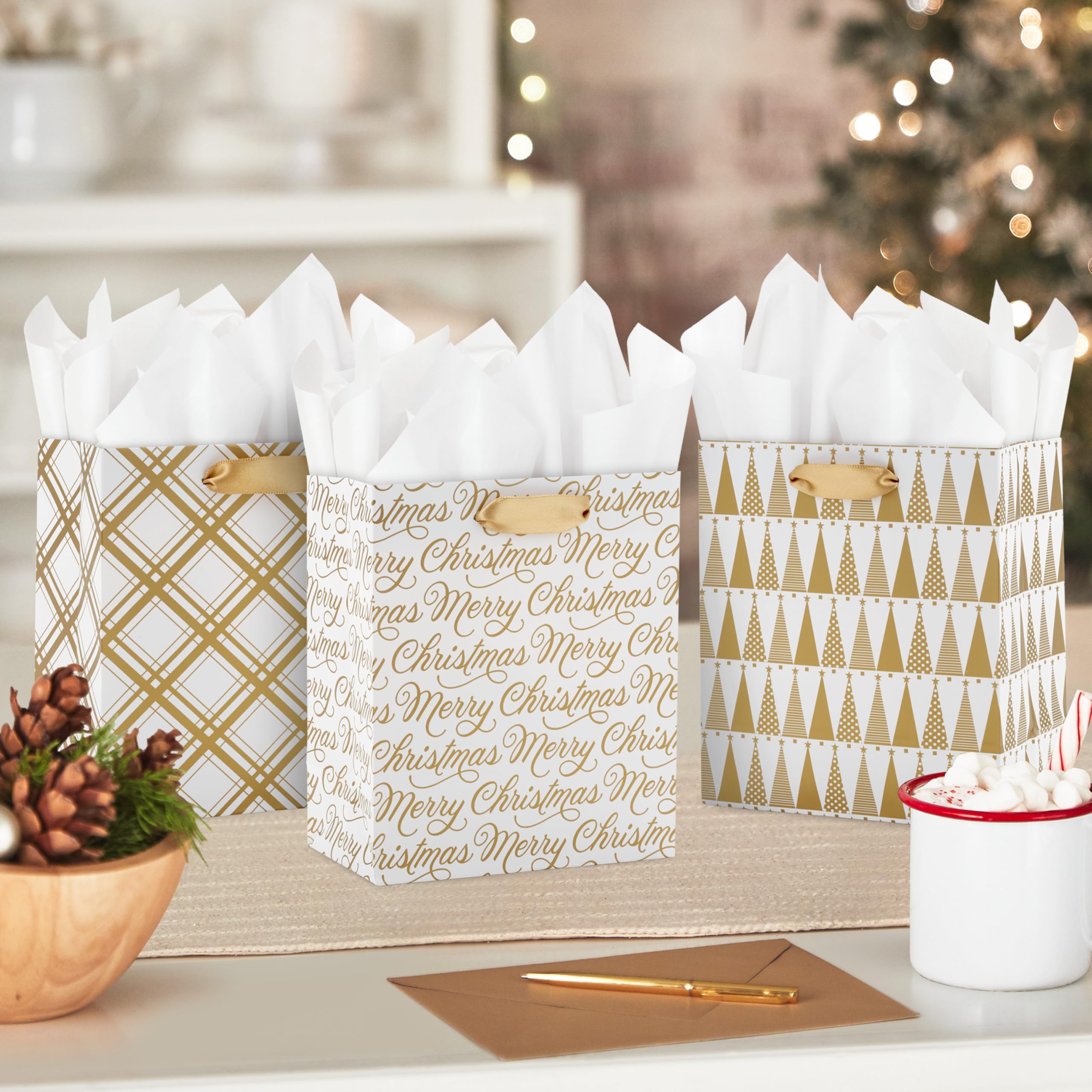 Hallmark 6" Small Holiday Gift Bag Bundle (6 Bags: Ivory and Gold Trees, Plaid, Merry Christmas)