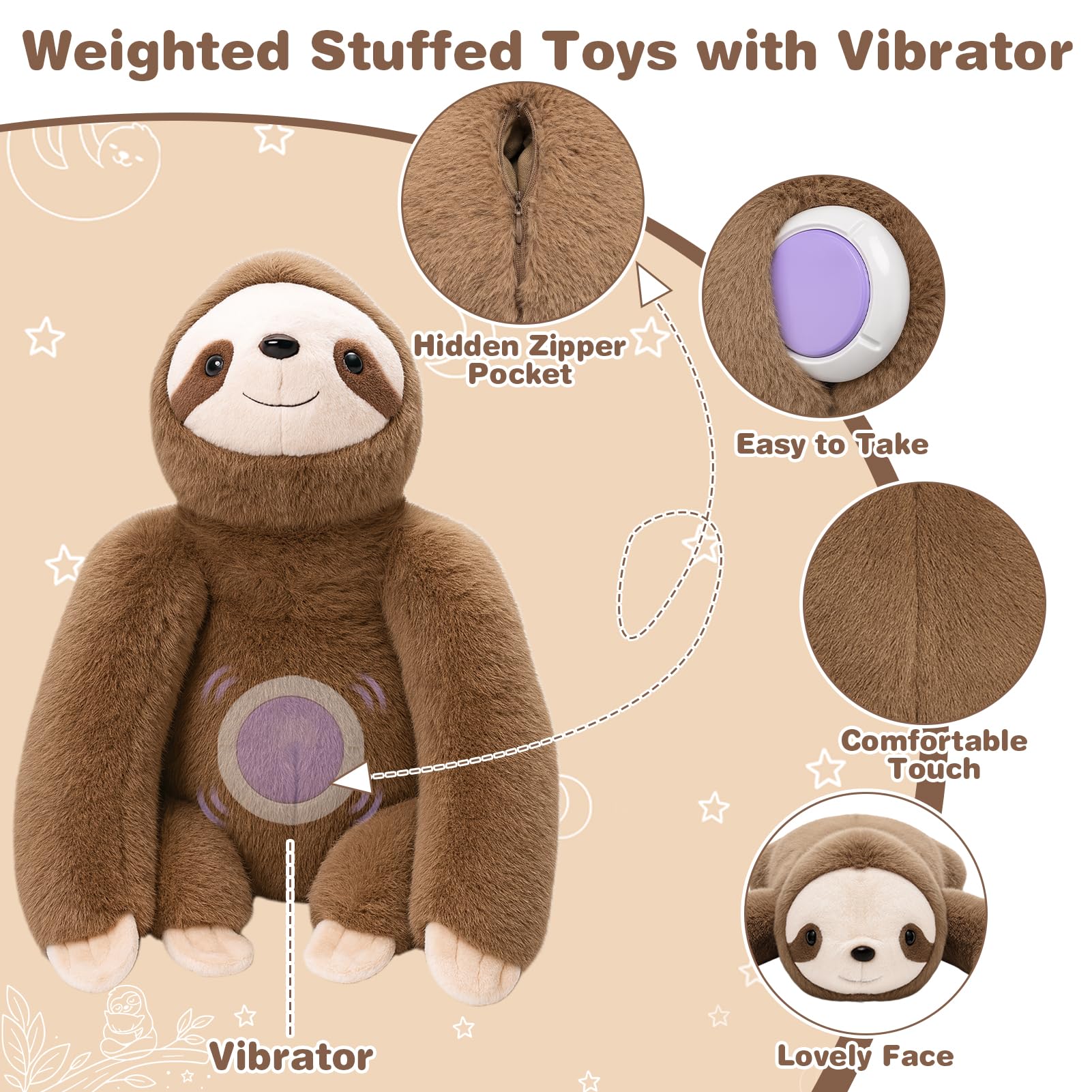 Joyreal Sloth Sensory Weighted Vibrating Pillow, Pressure Activated for Kids Adults, Plush Minky Soft Size: 11 by 21 inches Pillow Animal for Focus & Balance for Gift Birthday Autistic (Brown)